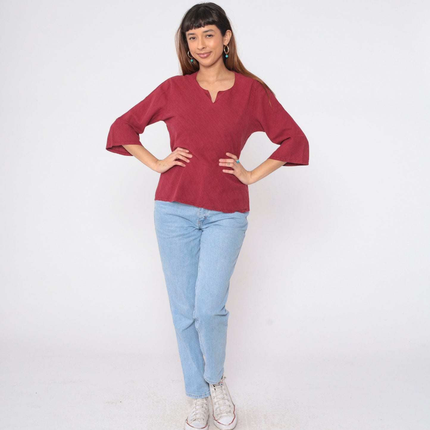 90s Burgundy Cutwork Blouse Floral Long Sleeve Tunic Small