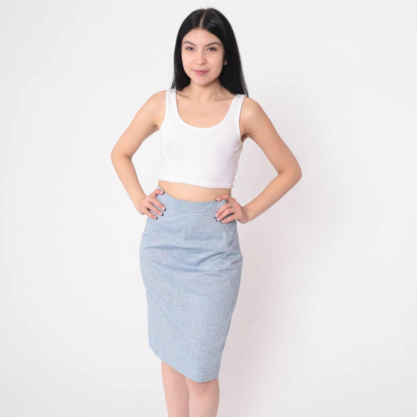 70s Light Blue Flecked Pencil Skirt High Waist Midi Extra Small XS