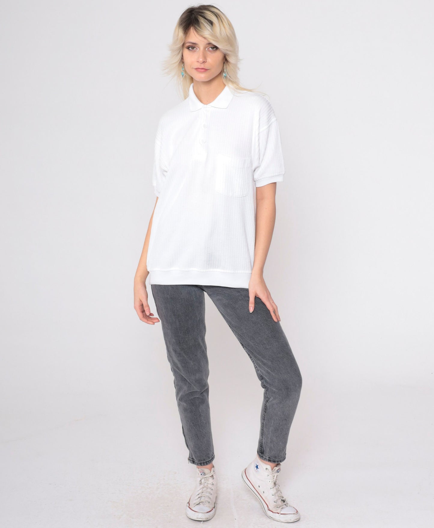 80s White Ribbed Polo Shirt Button Up Chest Pocket Collared Medium