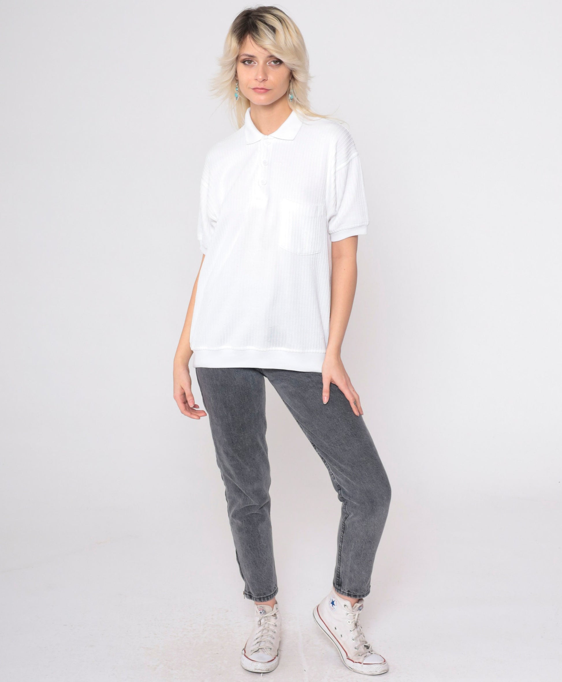 80s White Ribbed Polo Shirt Button Up Chest Pocket Collared Medium