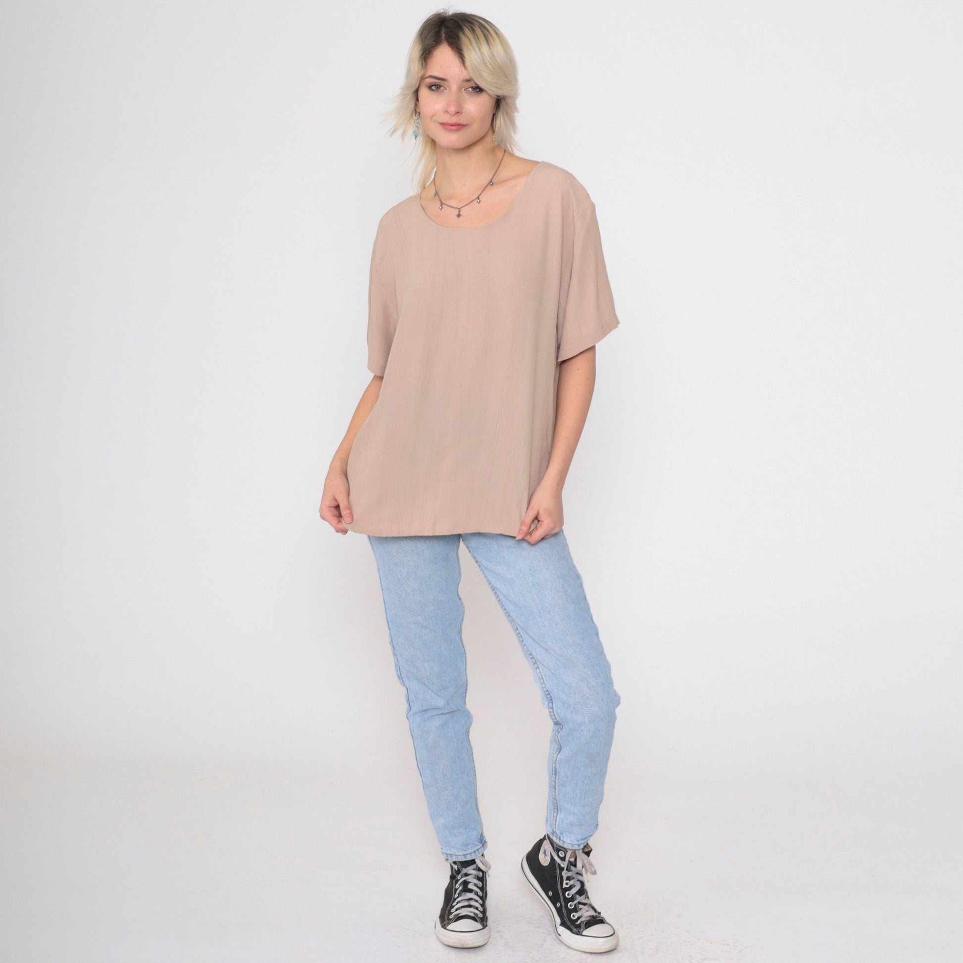 90s Clio Taupe Blouse Curved Hem Short Sleeve Pullover Small