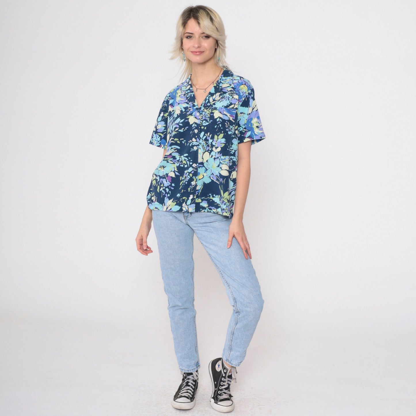 90s Floral Blouse Dark Blue Short Sleeve Button Up Shirt Medium