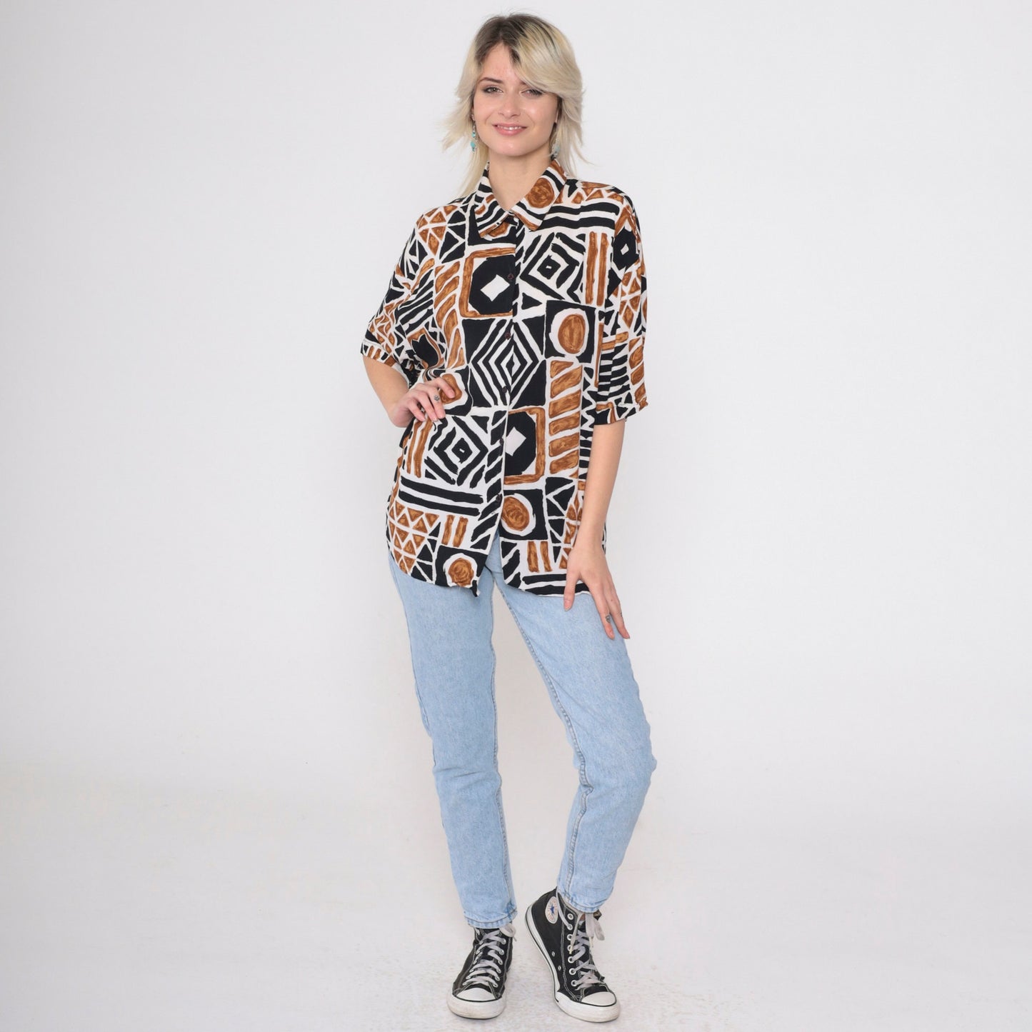 90s Kathie Lee Plus Geometric Safari Print Button Up Blouse Brown Black Extra Large XXL