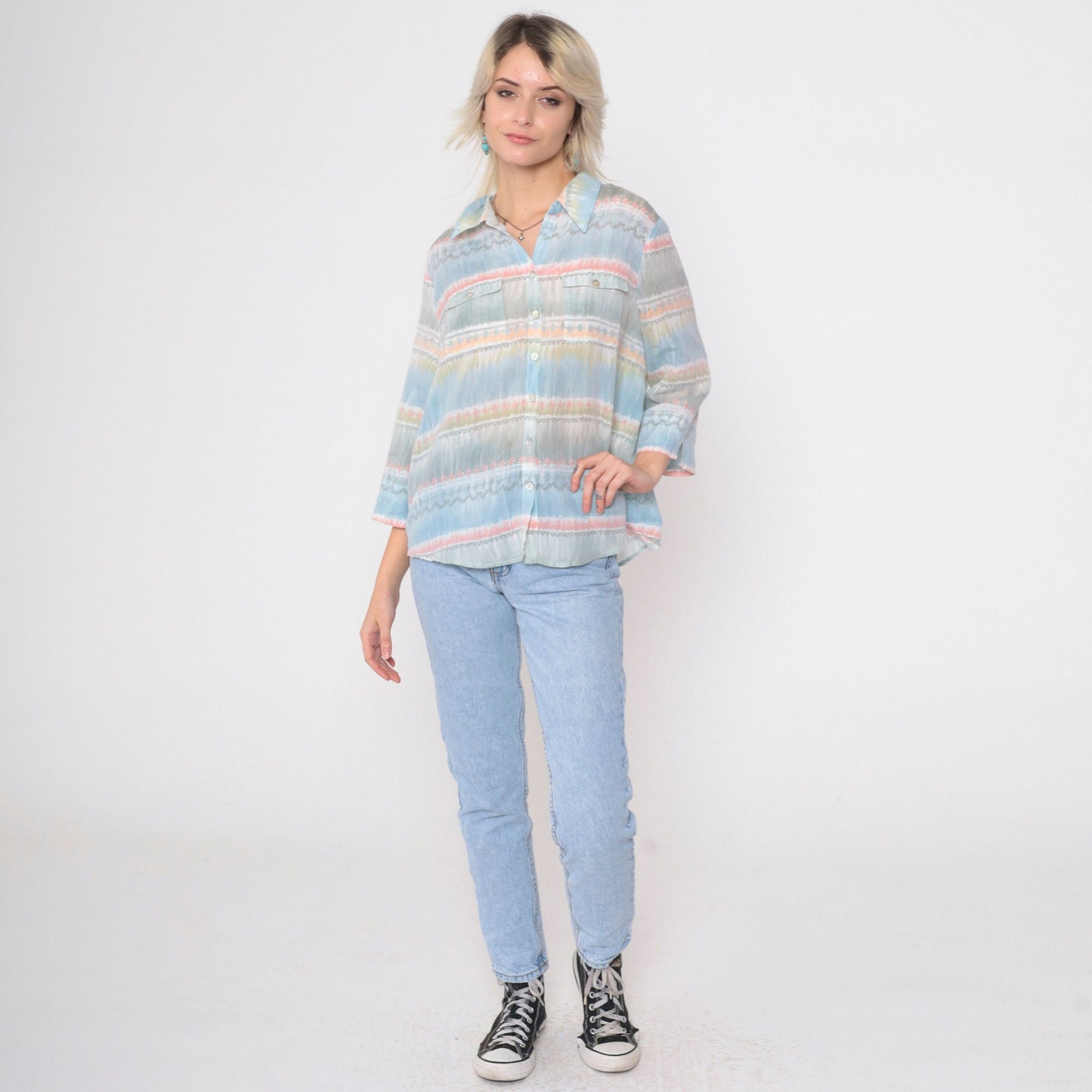 90s Alfred Dunner Striped Button-Up Blouse Muted Pastel 3/4 Sleeve Petite Large
