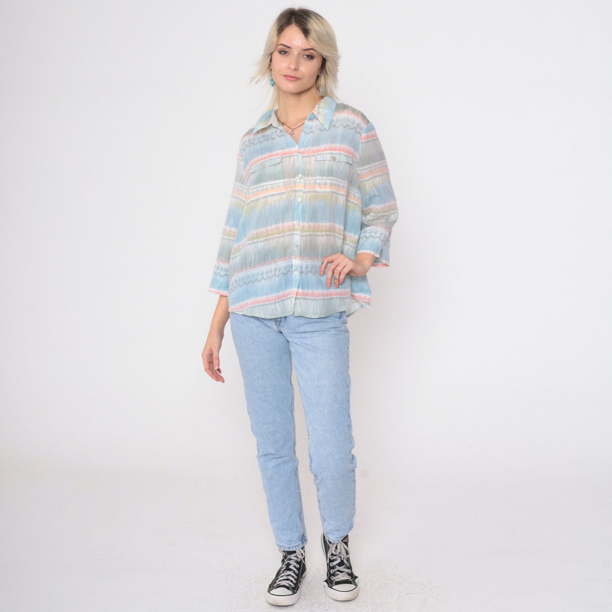 90s Alfred Dunner Striped Button-Up Blouse Muted Pastel 3/4 Sleeve Petite Large