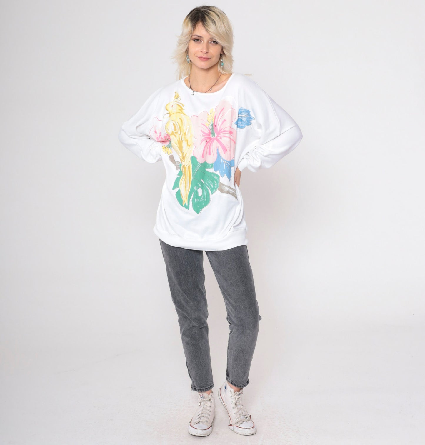 90s Tropical Bird Sequin Sweatshirt White Dolman Sleeve Graphic Large L