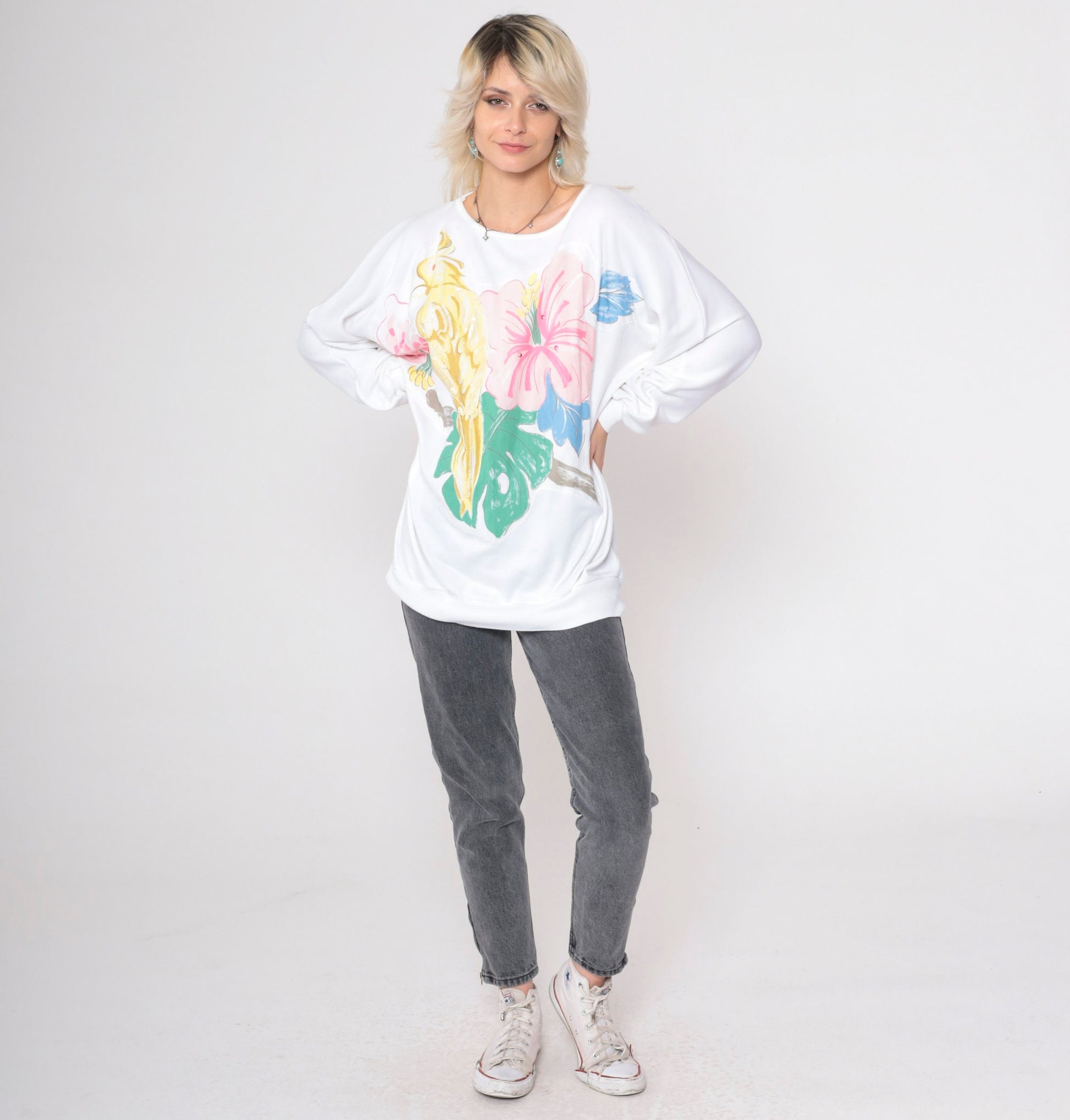 90s Tropical Bird Sequin Sweatshirt White Dolman Sleeve Graphic Large L
