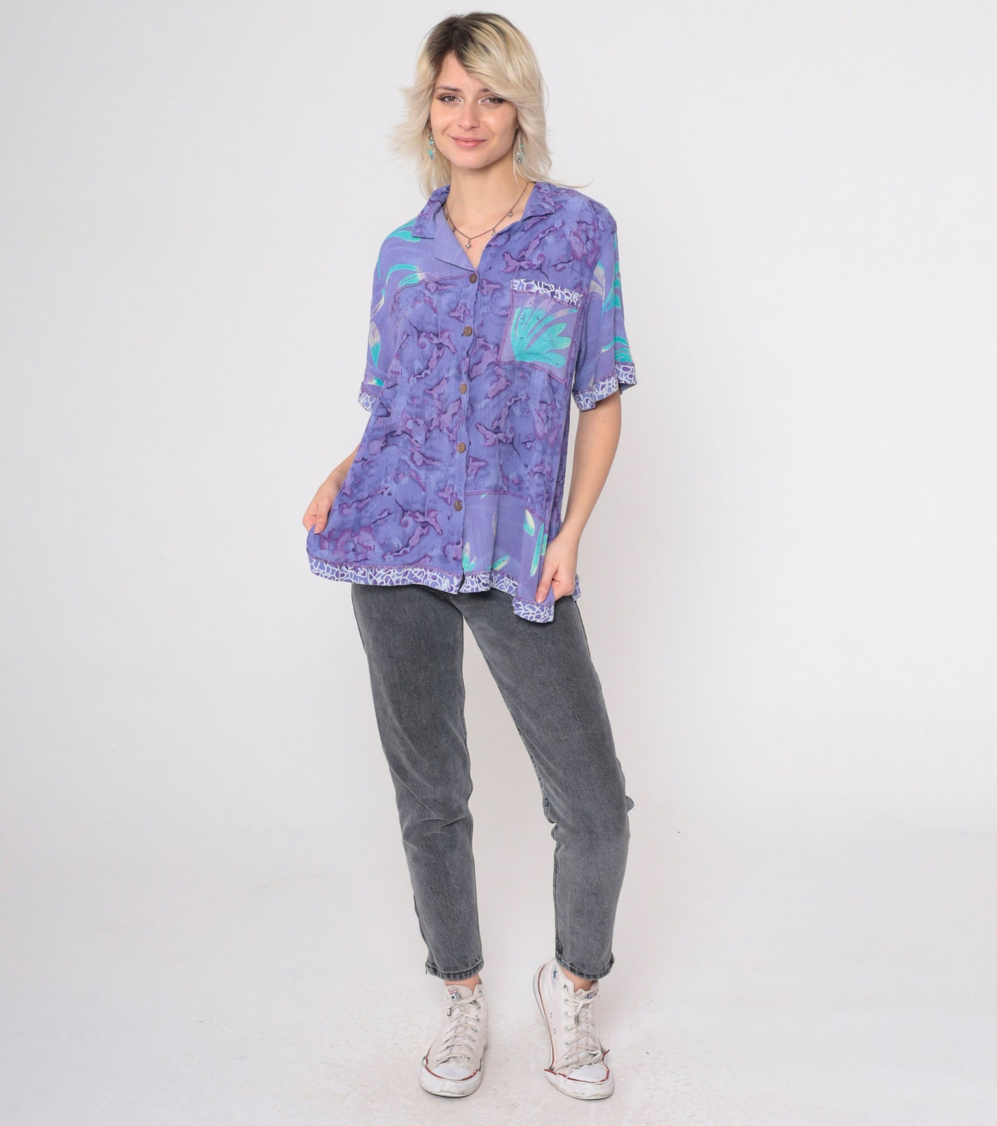 90s Tie Dye Button Up Shirt Purple Abstract Floral Rayon Medium