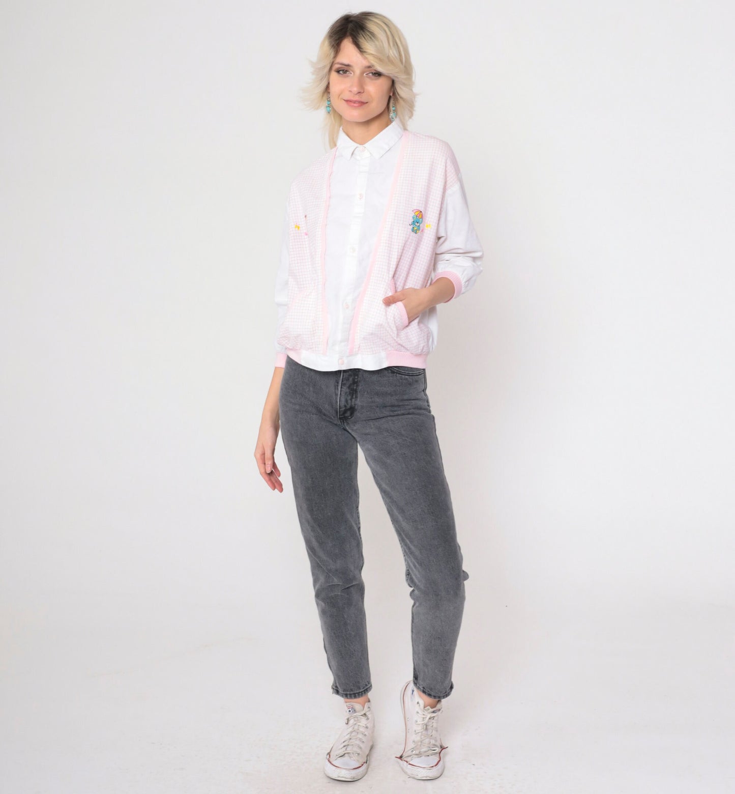 80s Rozzi Checkered Teddy Bear Button-Up Blouse with Attached Vest Pink White Medium