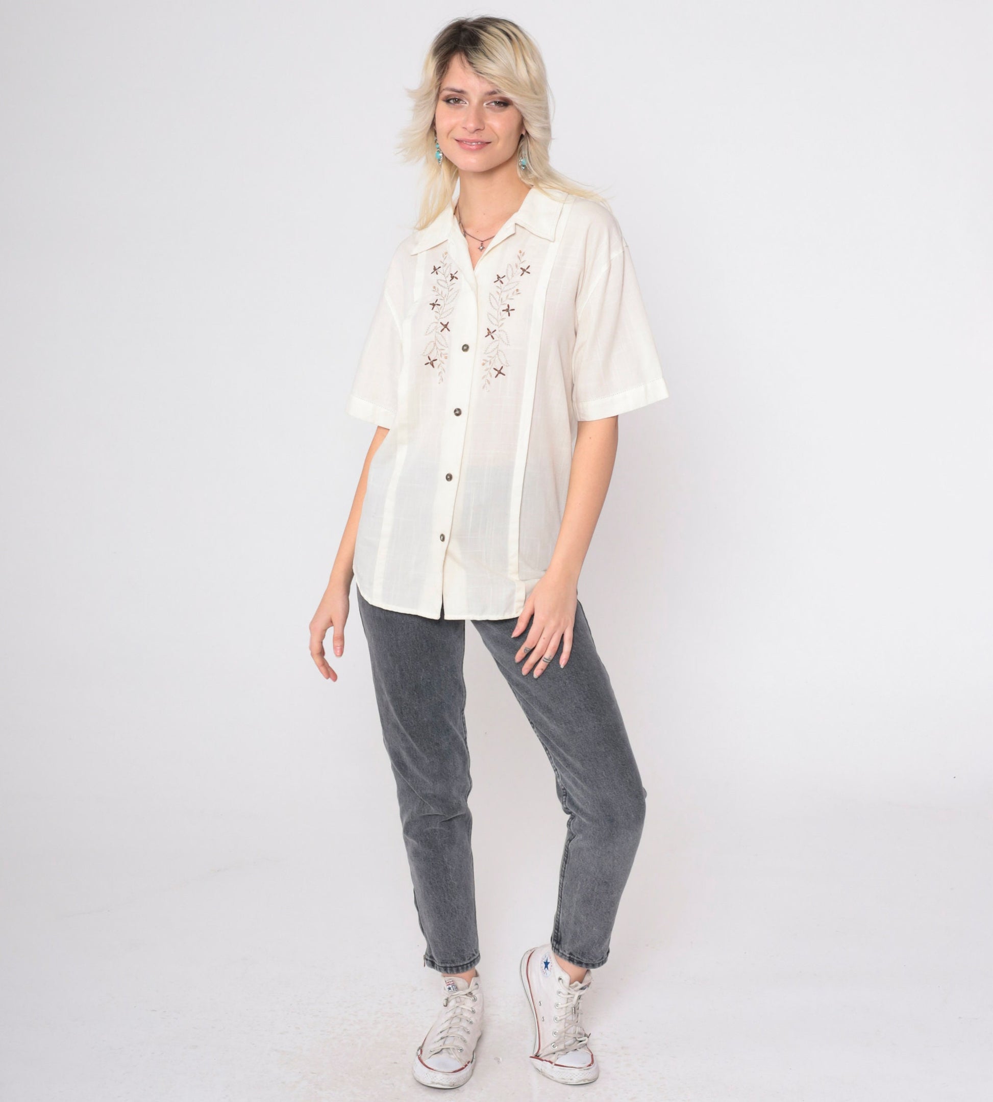 80s Jantzen Classics Floral Embroidered Cream Blouse Beaded Collar Medium M