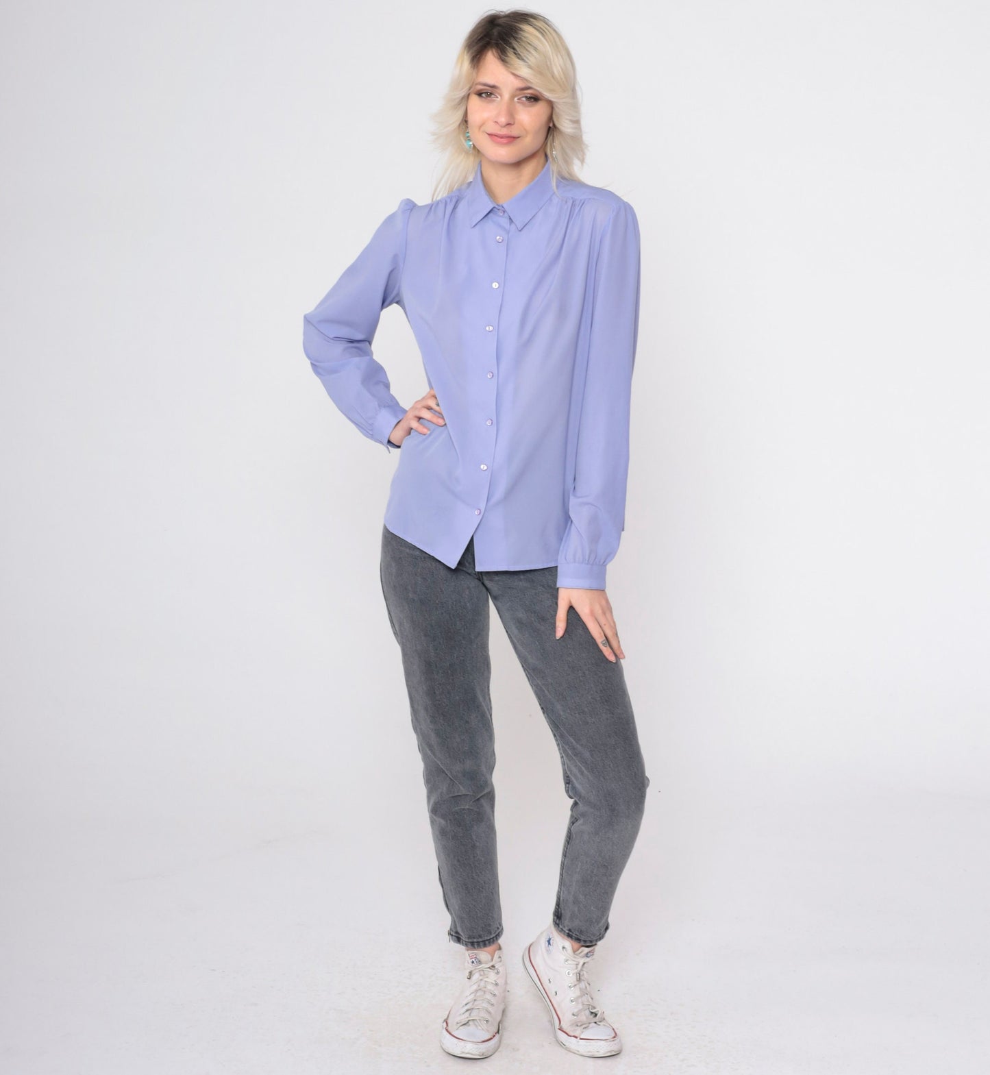 80s Periwinkle Puff Sleeve Button-Up Blouse Collared Shirt Large 14