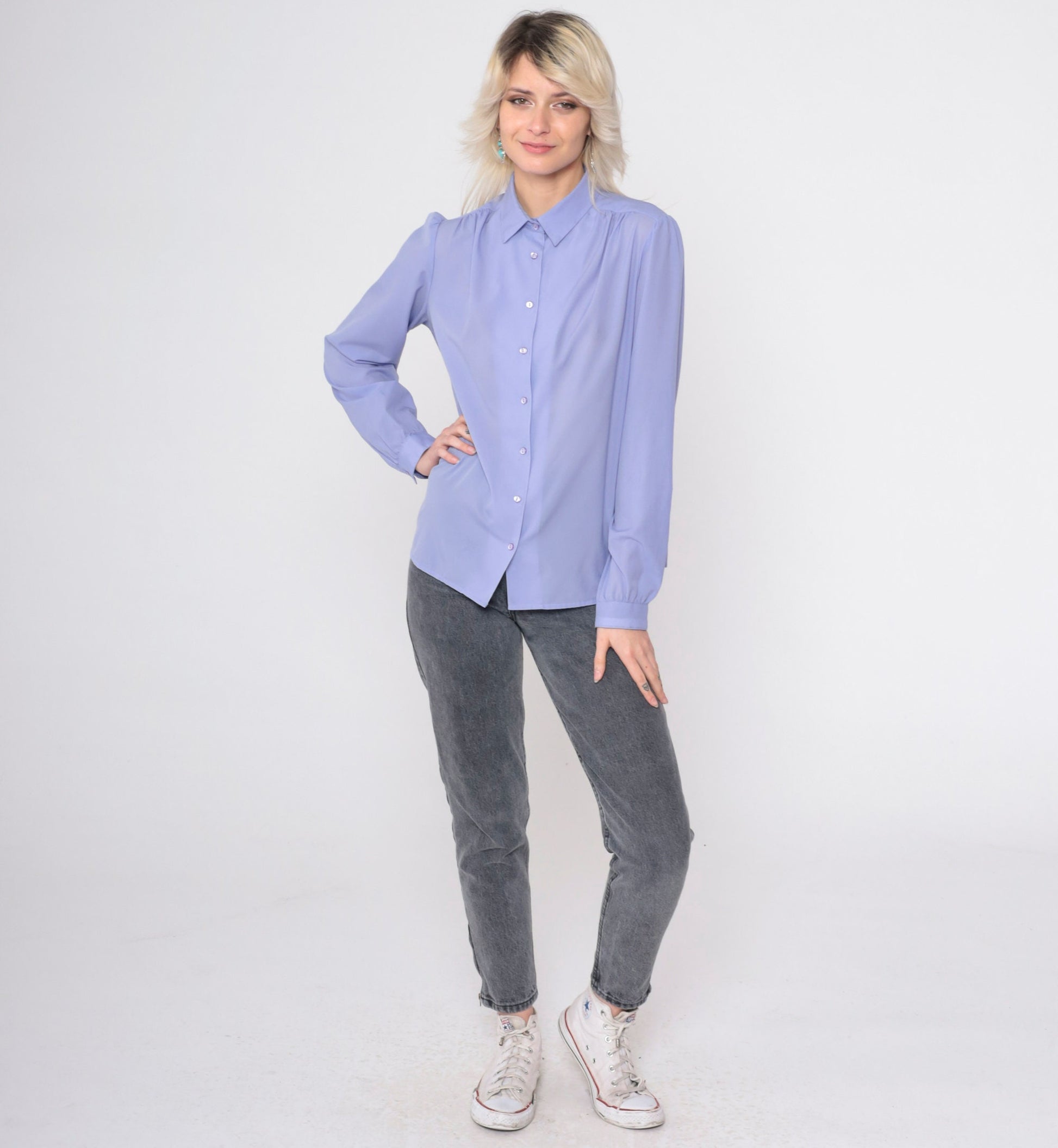 80s Periwinkle Puff Sleeve Button-Up Blouse Collared Shirt Large 14