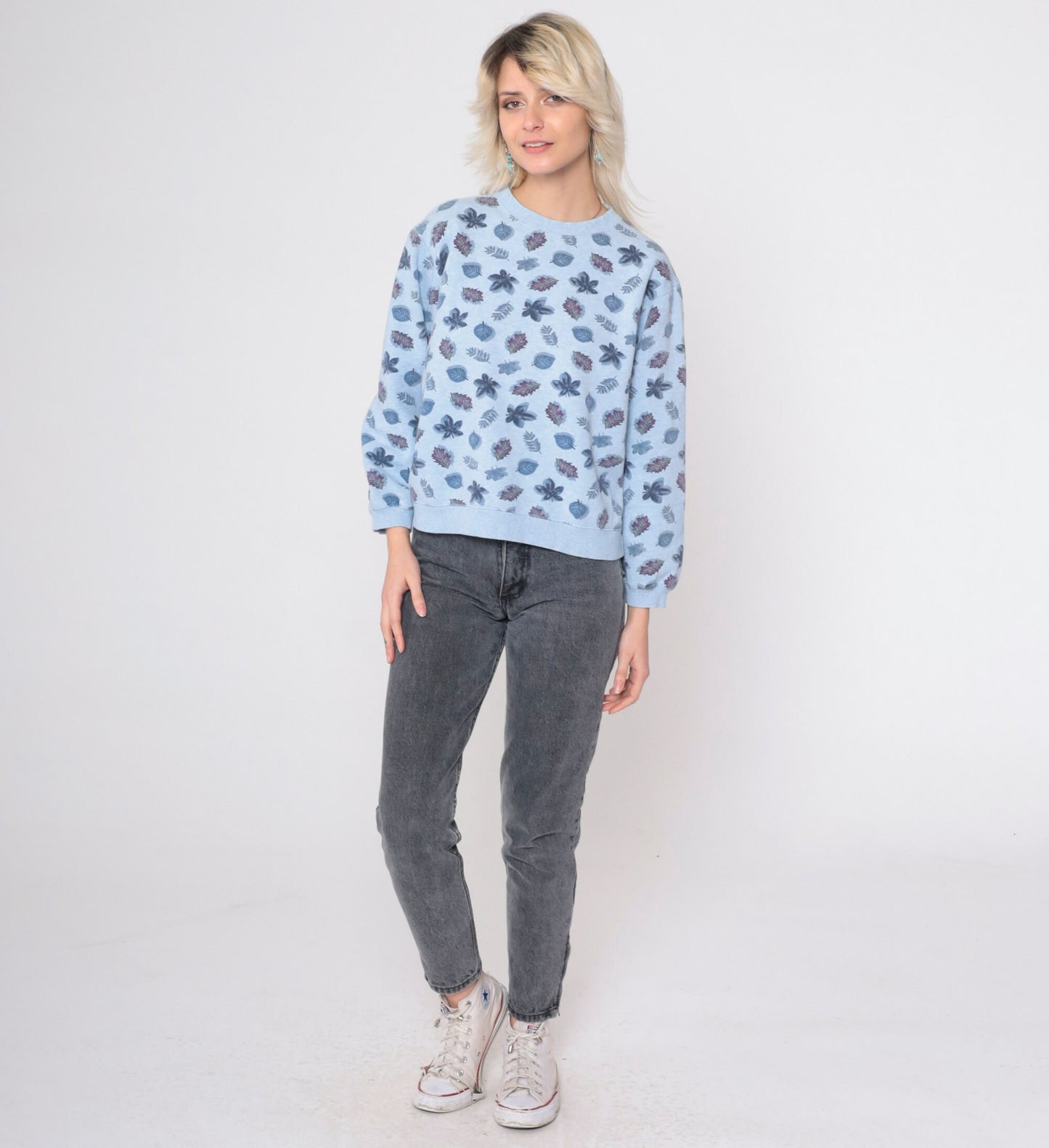 90s Leaf Print Sweatshirt Grey Botanical All Over Crewneck Small