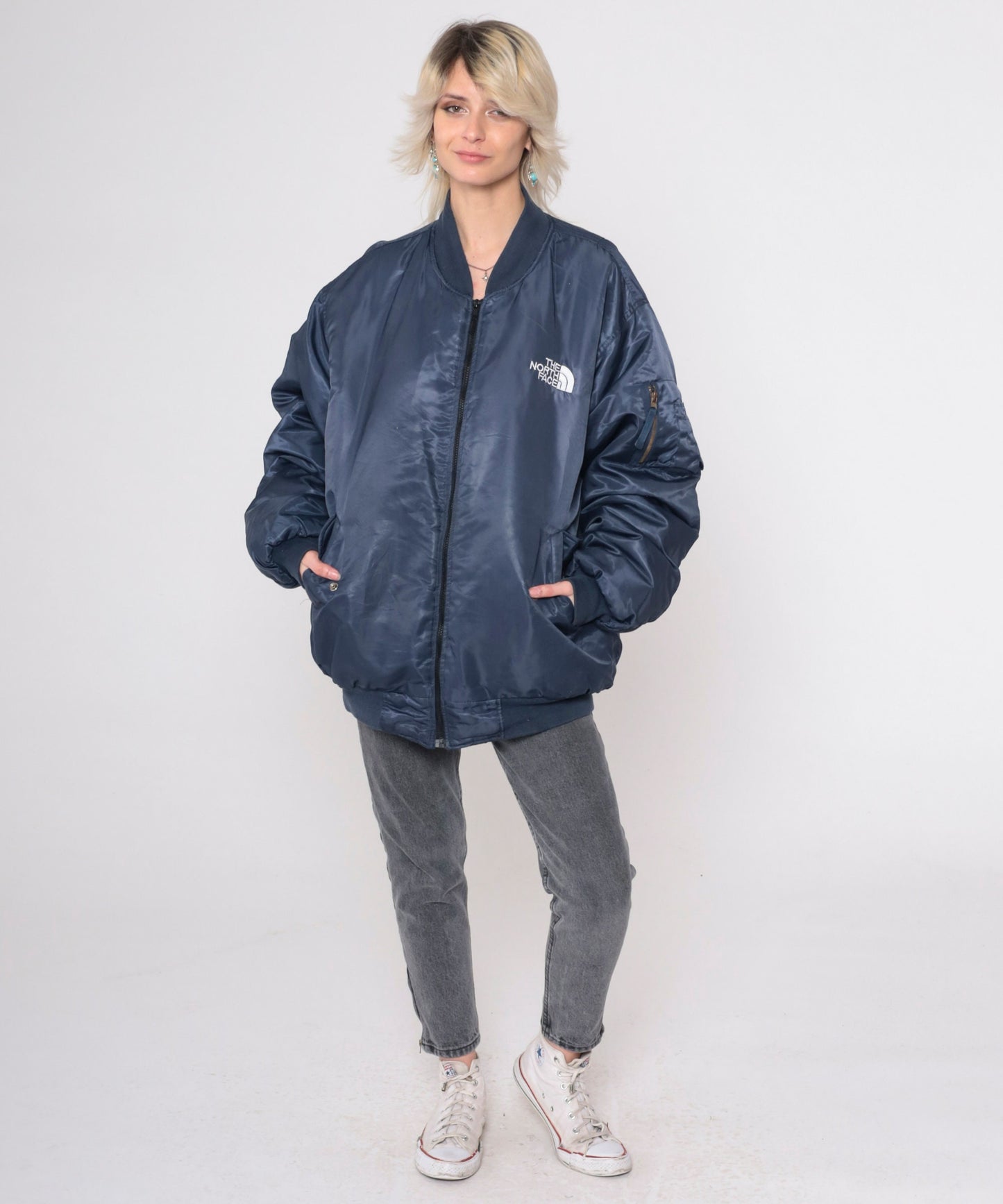 90s The North Face Reversible Bomber Jacket Navy Orange Puffer Large