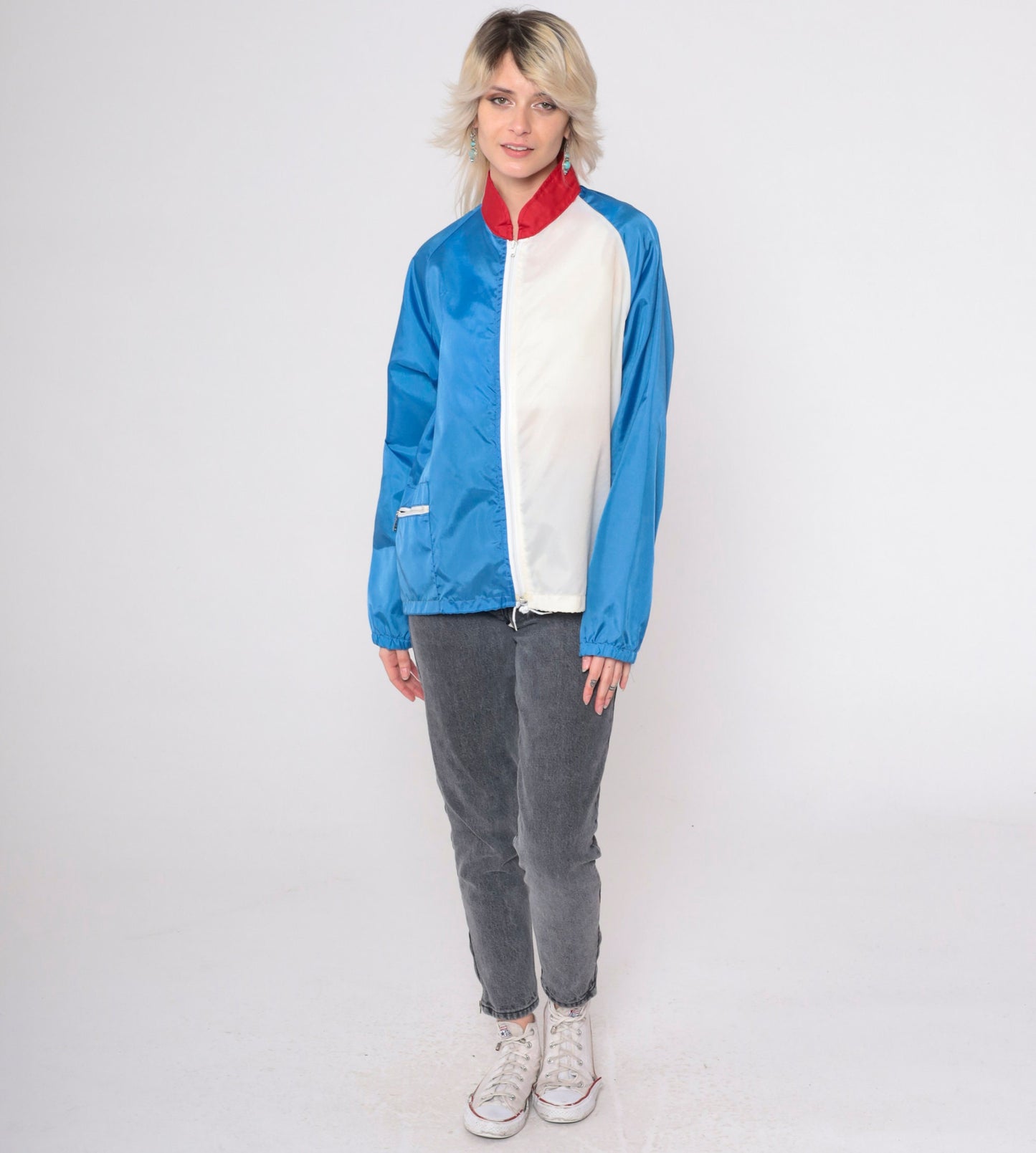 80s Baseball Windbreaker Jacket Blue White Colour Block Raglan Medium