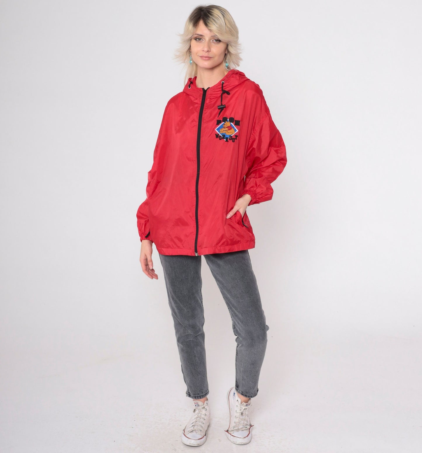 90s Winnie The Pooh Red Windbreaker Jacket Hooded Disney Medium