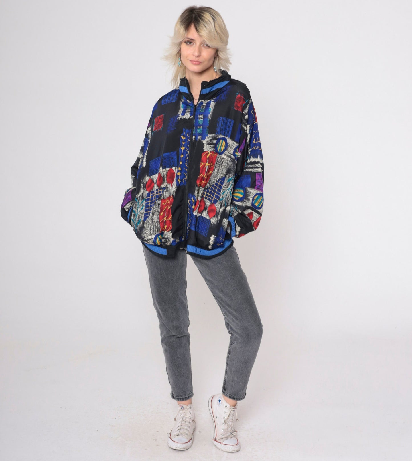 90s Patchwork Windbreaker Black Checkered Abstract Full Zip Jacket Medium