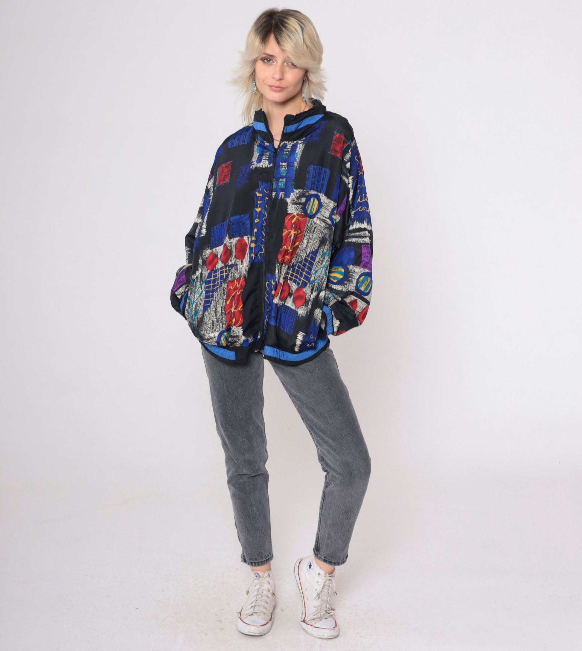 90s Patchwork Windbreaker Black Checkered Abstract Full Zip Jacket Medium