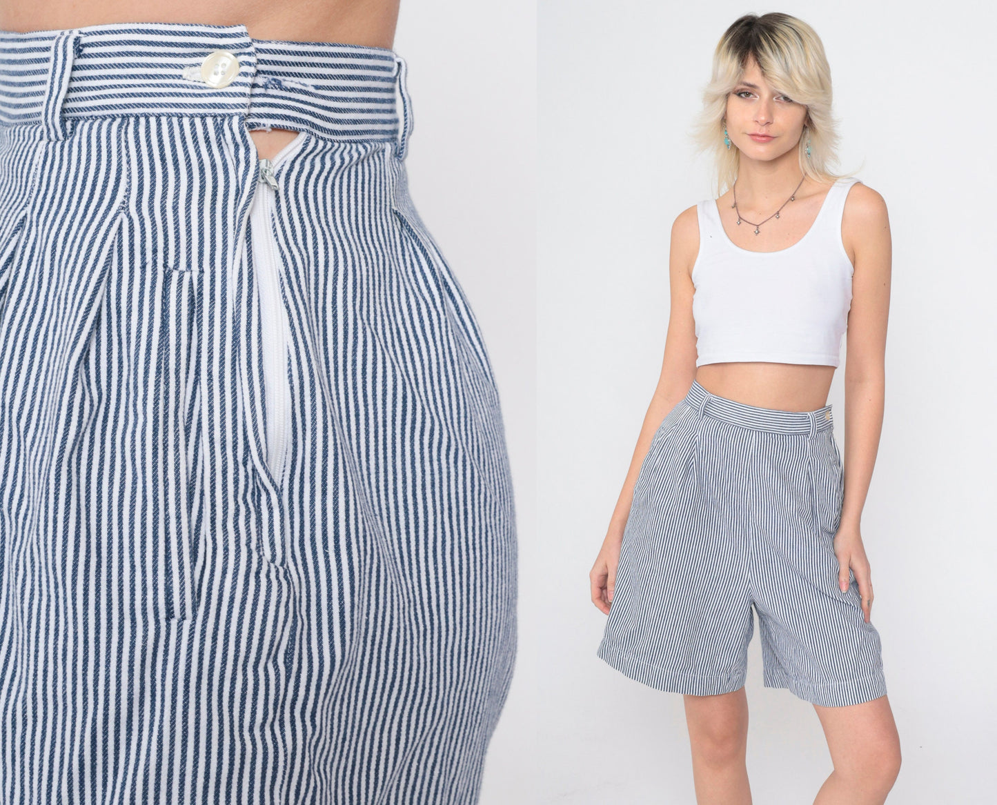90s Pinstriped High-Waisted Pleated Shorts White Blue Small