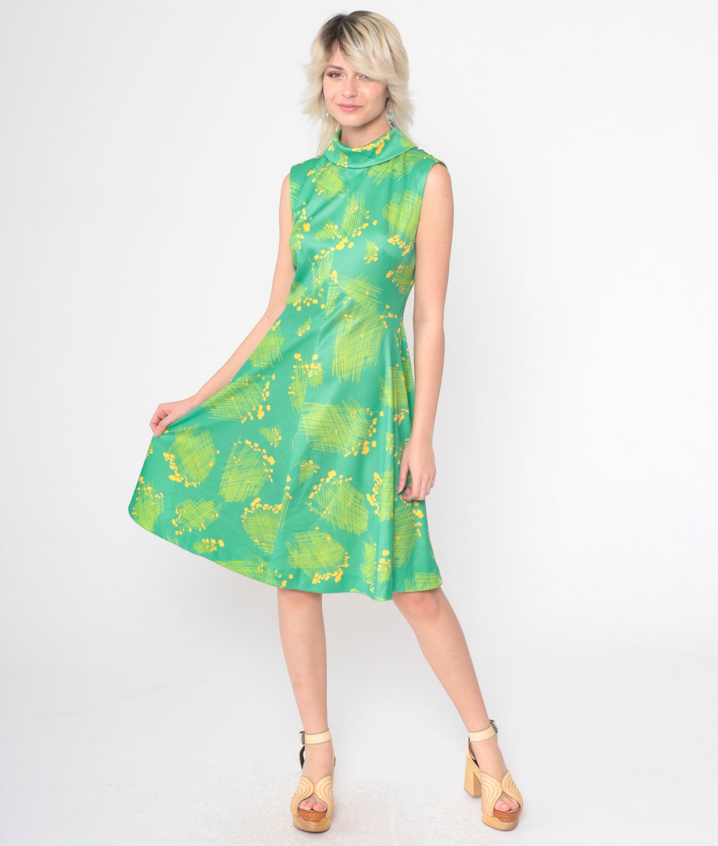 70s Emilio Borghese Abstract Floral Dress Green Mock Neck Midi Small Medium