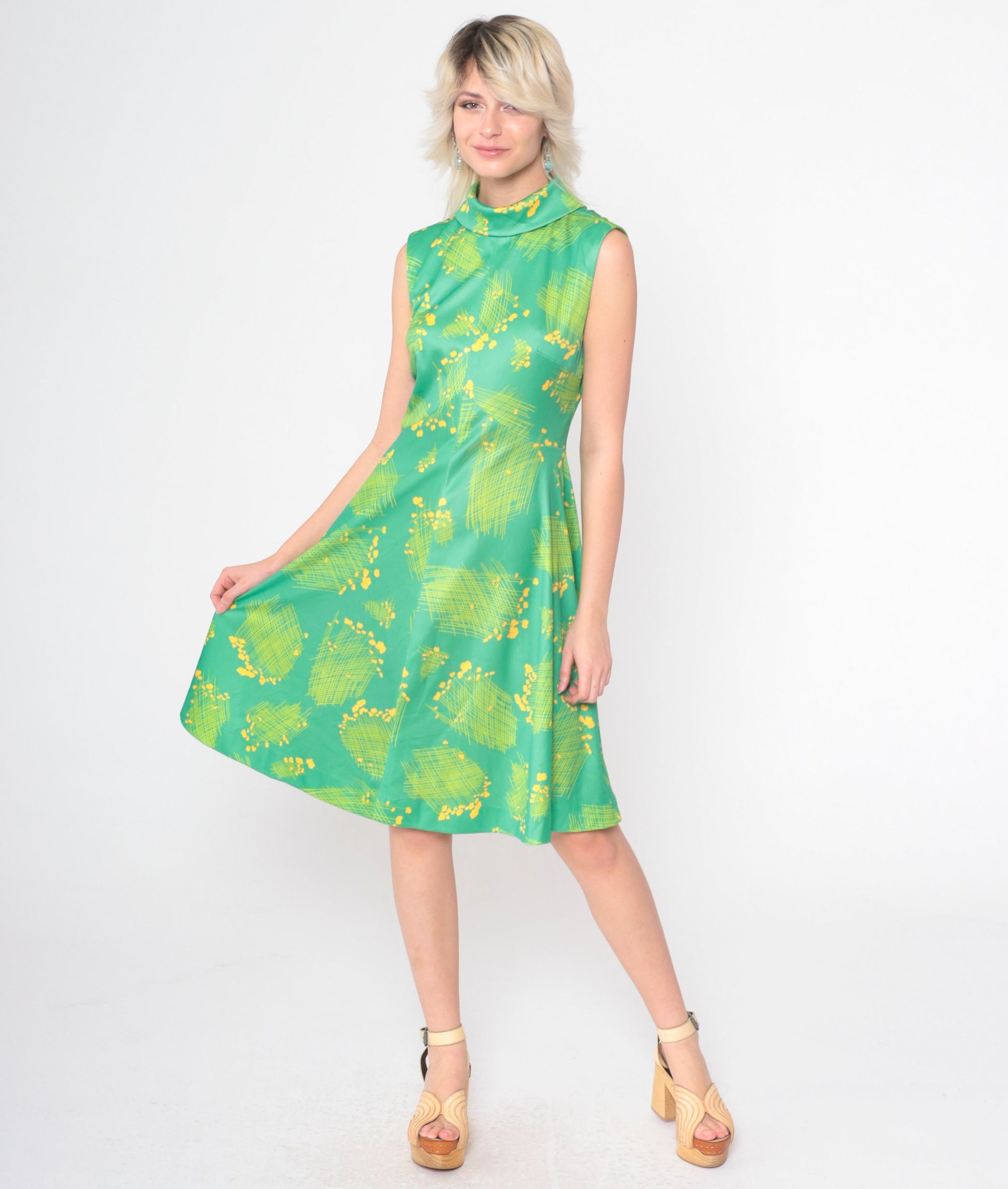 70s Emilio Borghese Abstract Floral Dress Green Mock Neck Midi Small Medium