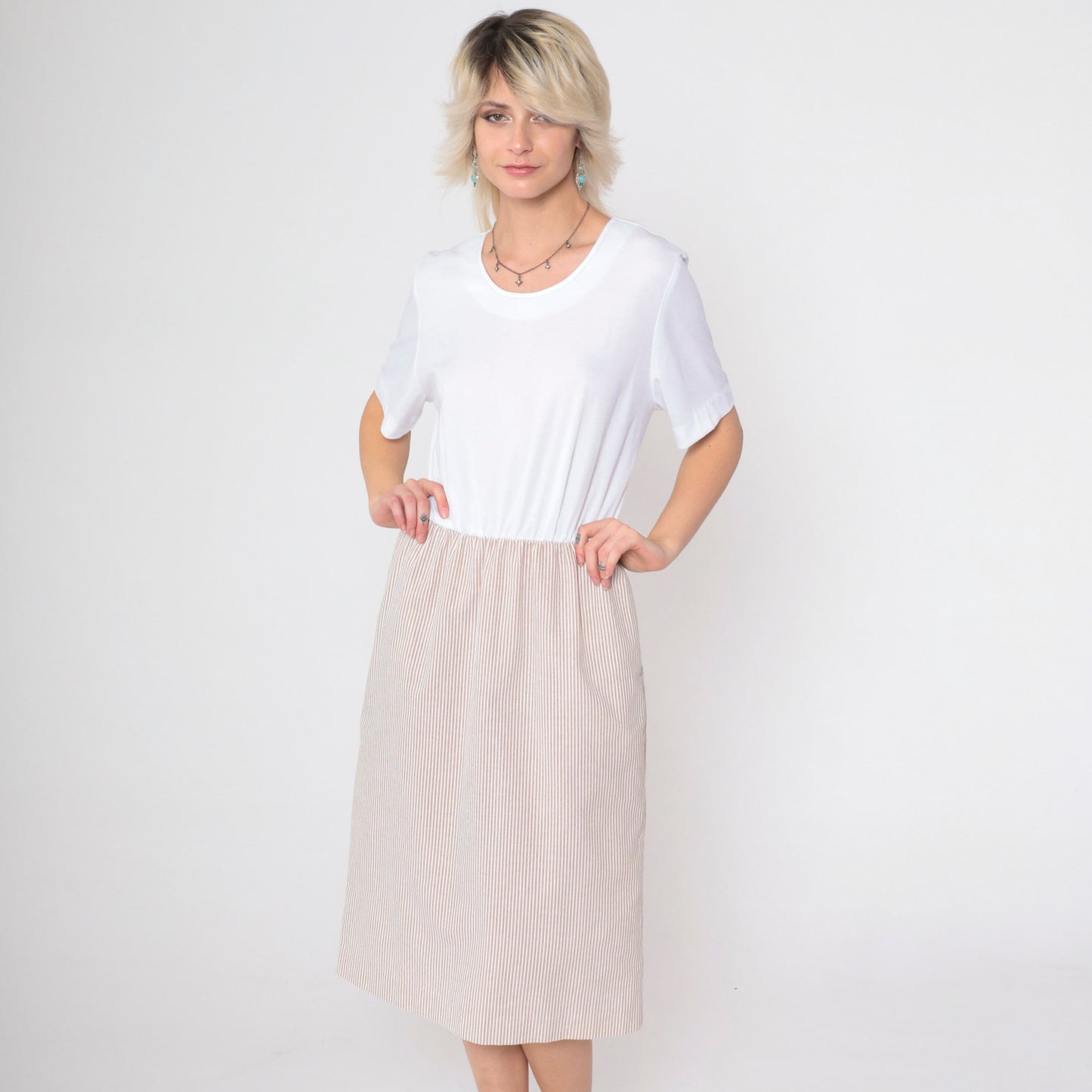 80s Wili of California Pinstriped Midi Dress White Brown Scoop Neck Small Medium