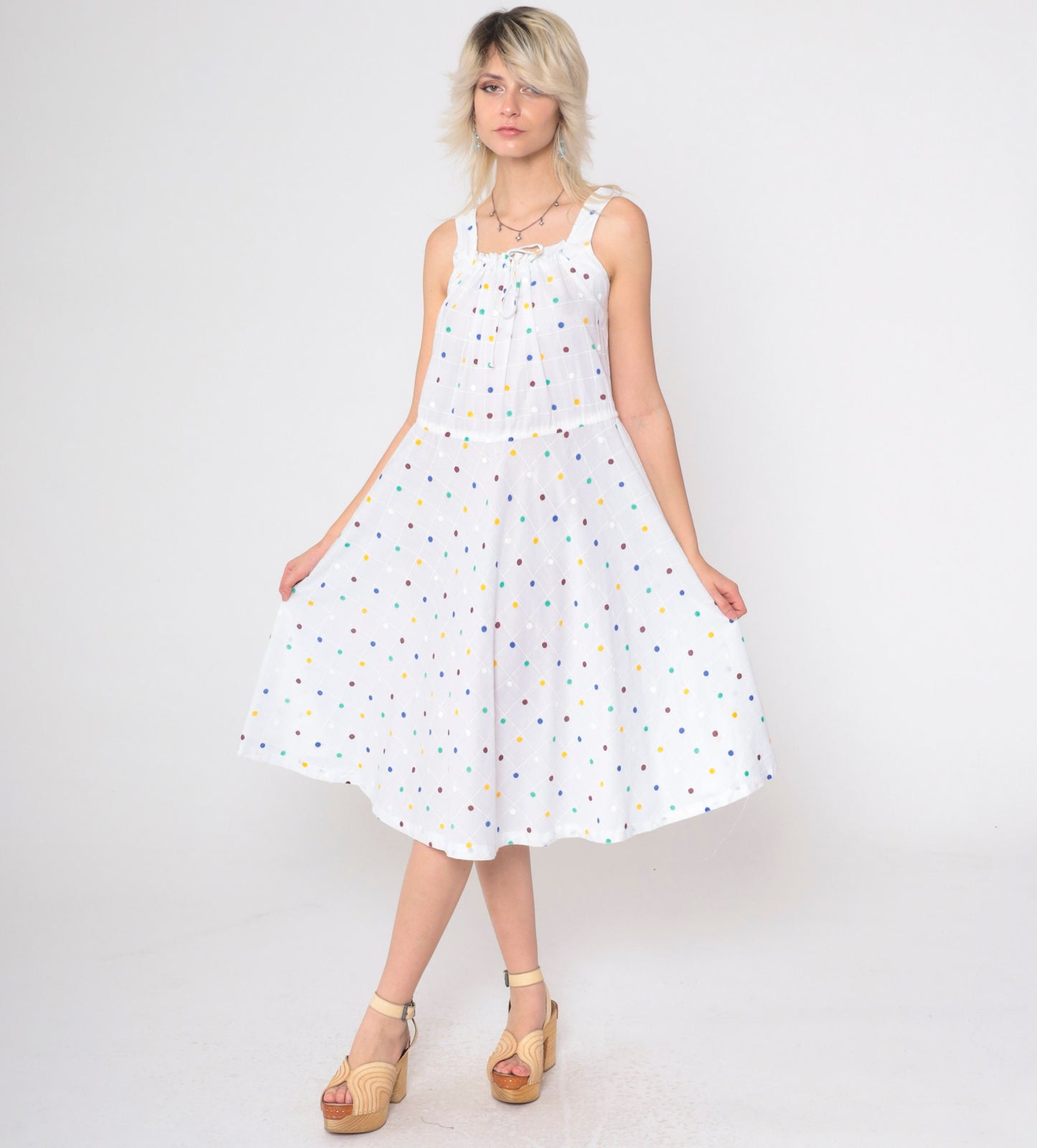 70s White Polka Dot Midi Dress Drawstring Neckline Sleeveless Medium