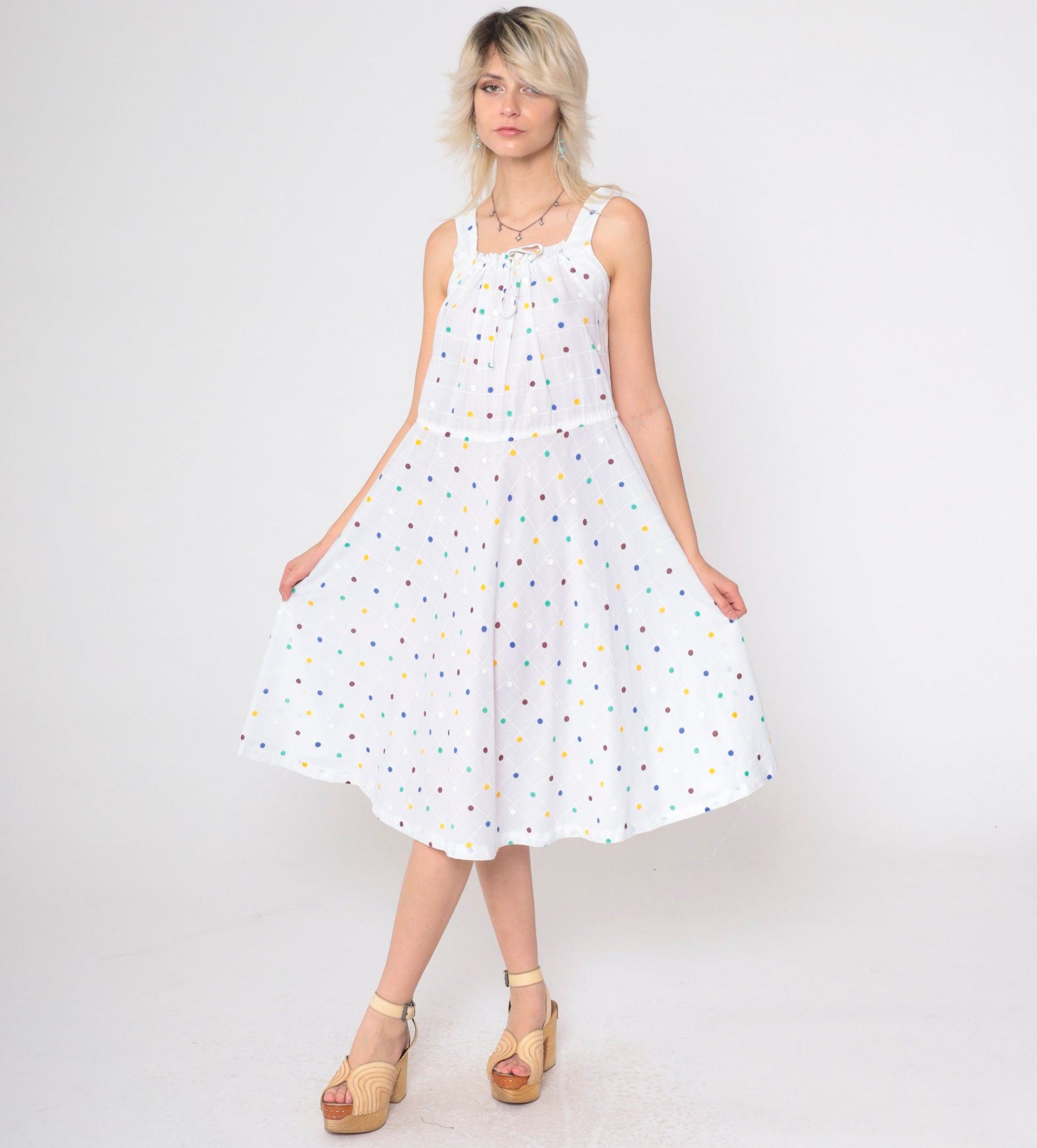 70s White Polka Dot Midi Dress Drawstring Neckline Sleeveless Medium