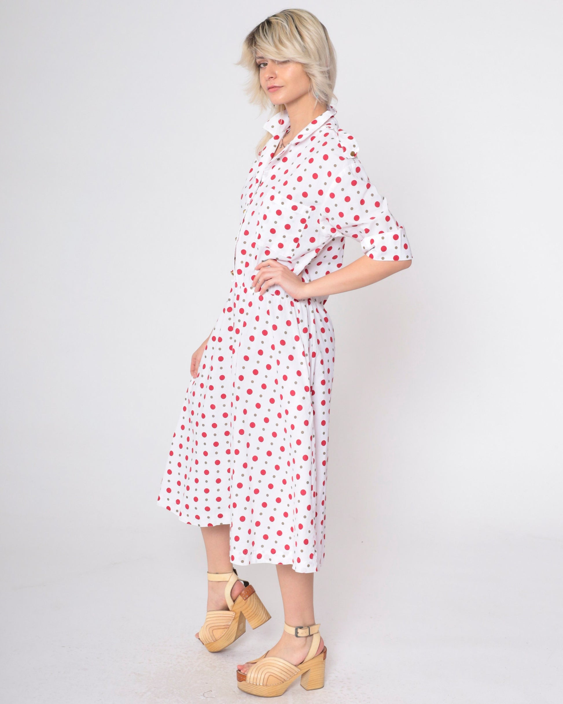 80s Polka Dot Button-Up Midi Dress White Red Short Sleeve Low Waist Medium