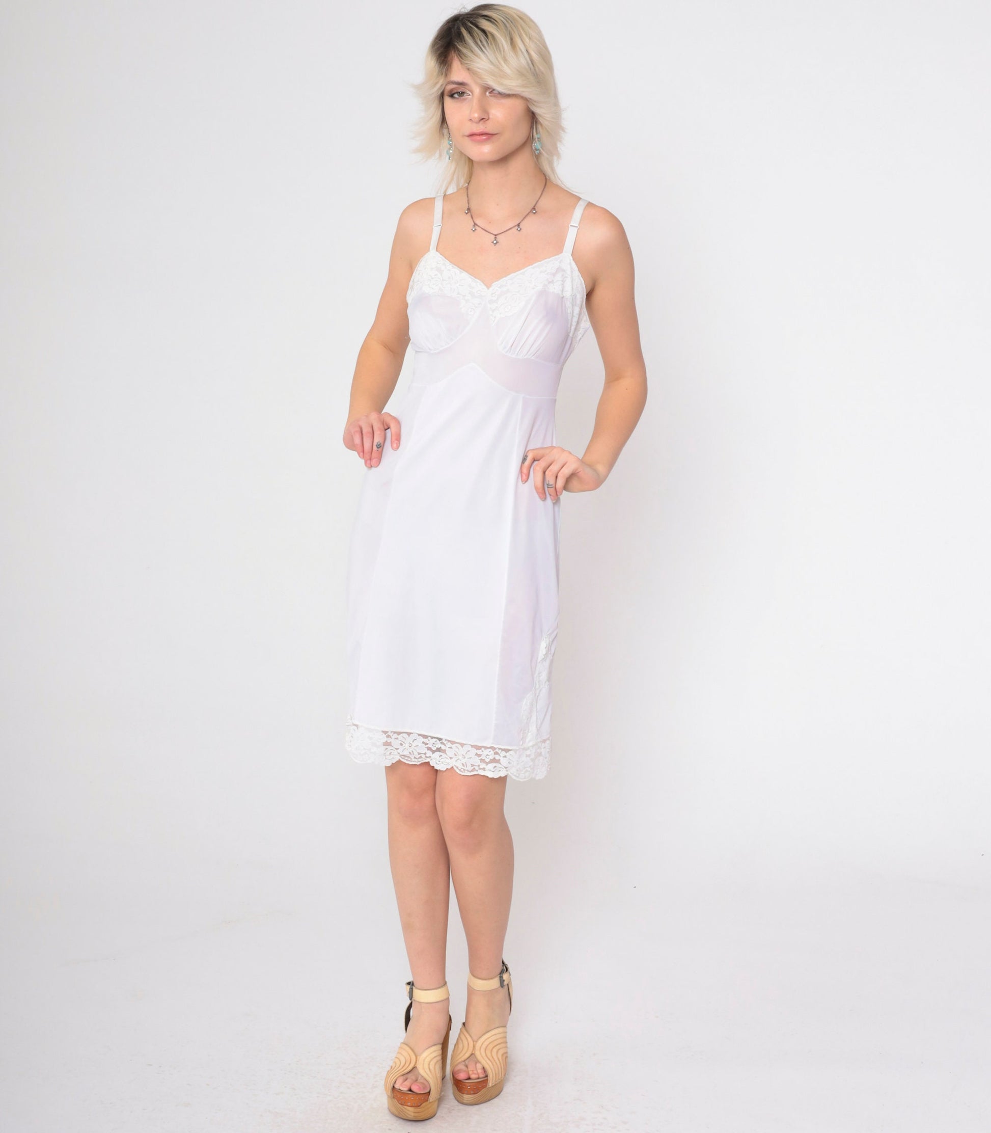70s Nancy King Lingerie White Nylon Slip Dress Lace Trim Empire Waist Small
