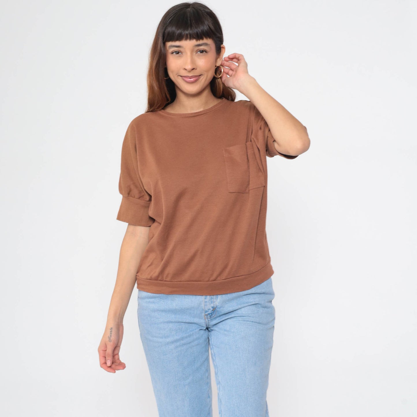 80s Brown Dolman Sleeve Pocket Tee Slouchy Crewneck Large L