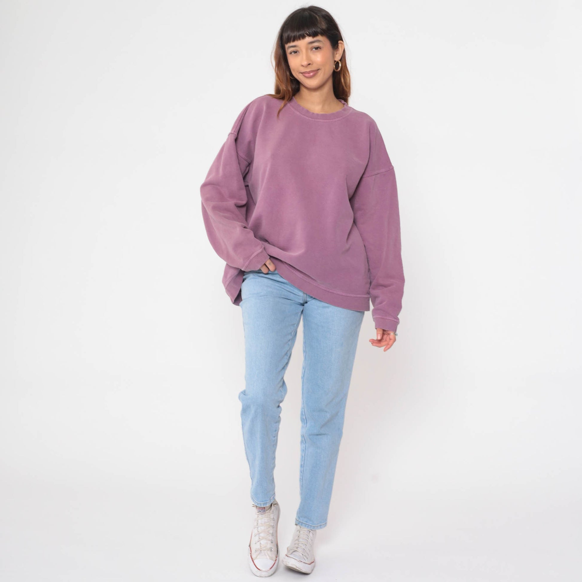90s Purple Crewneck Sweatshirt Cotton Plain Pullover Large L