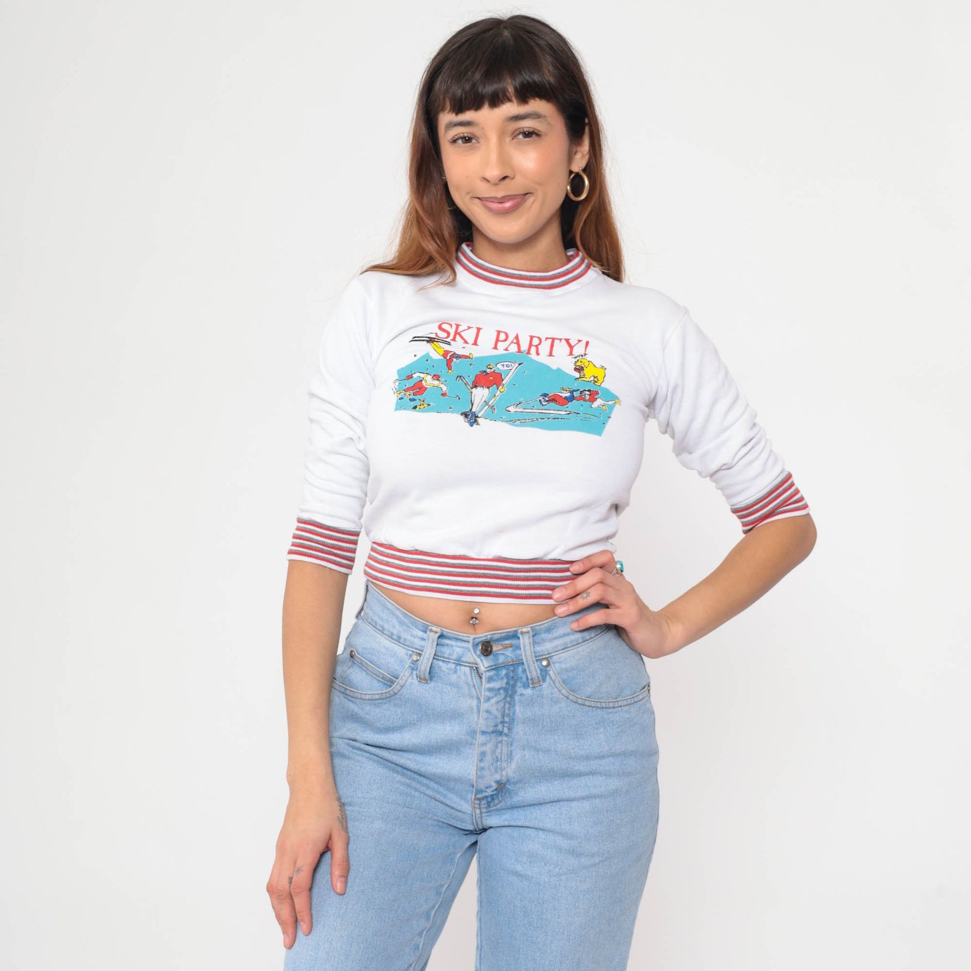90s Ski Party Cartoon Ringer Sweatshirt Cropped White XXS