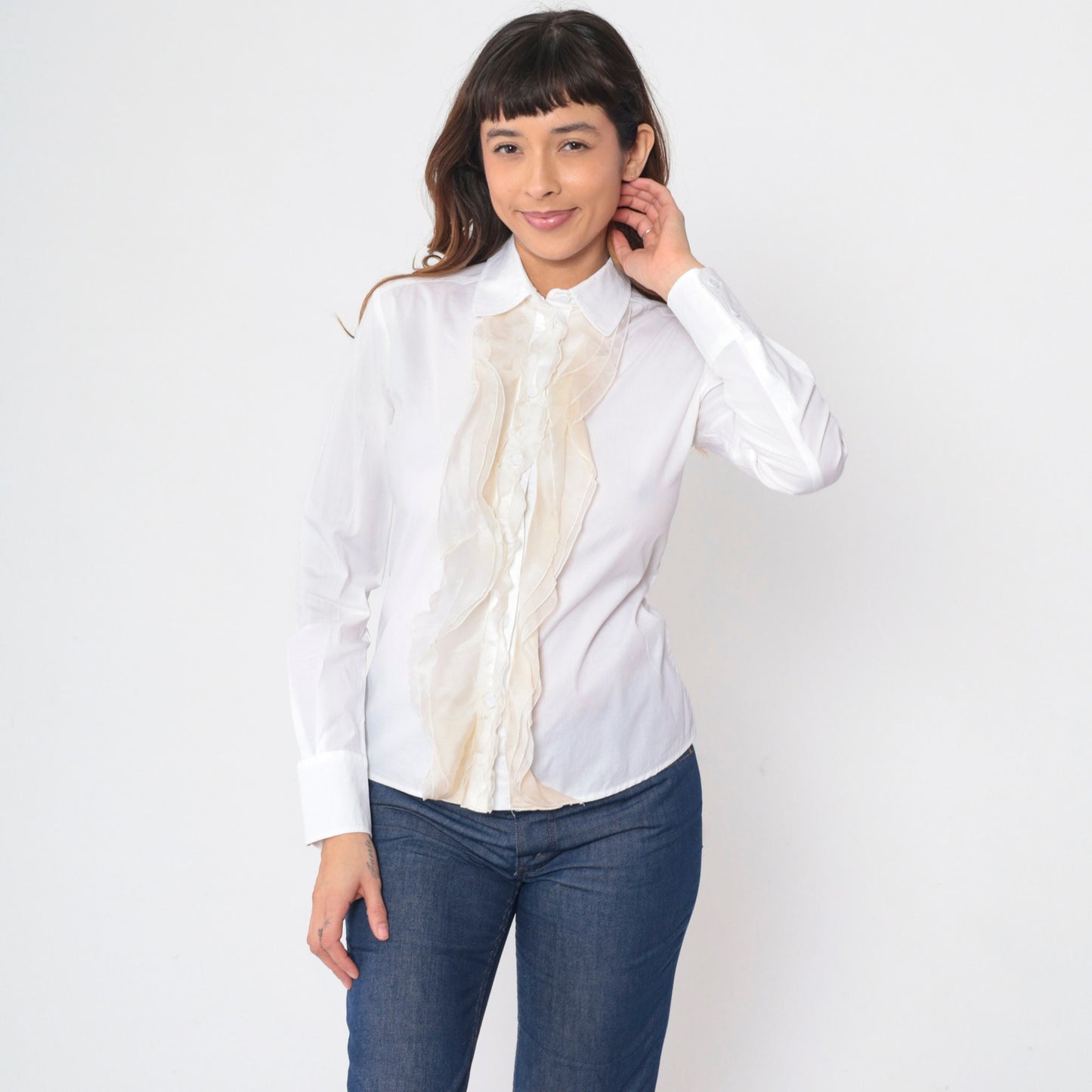 80s Valentino White Ruffled Tuxedo Blouse Long Sleeve Button Up Extra Small