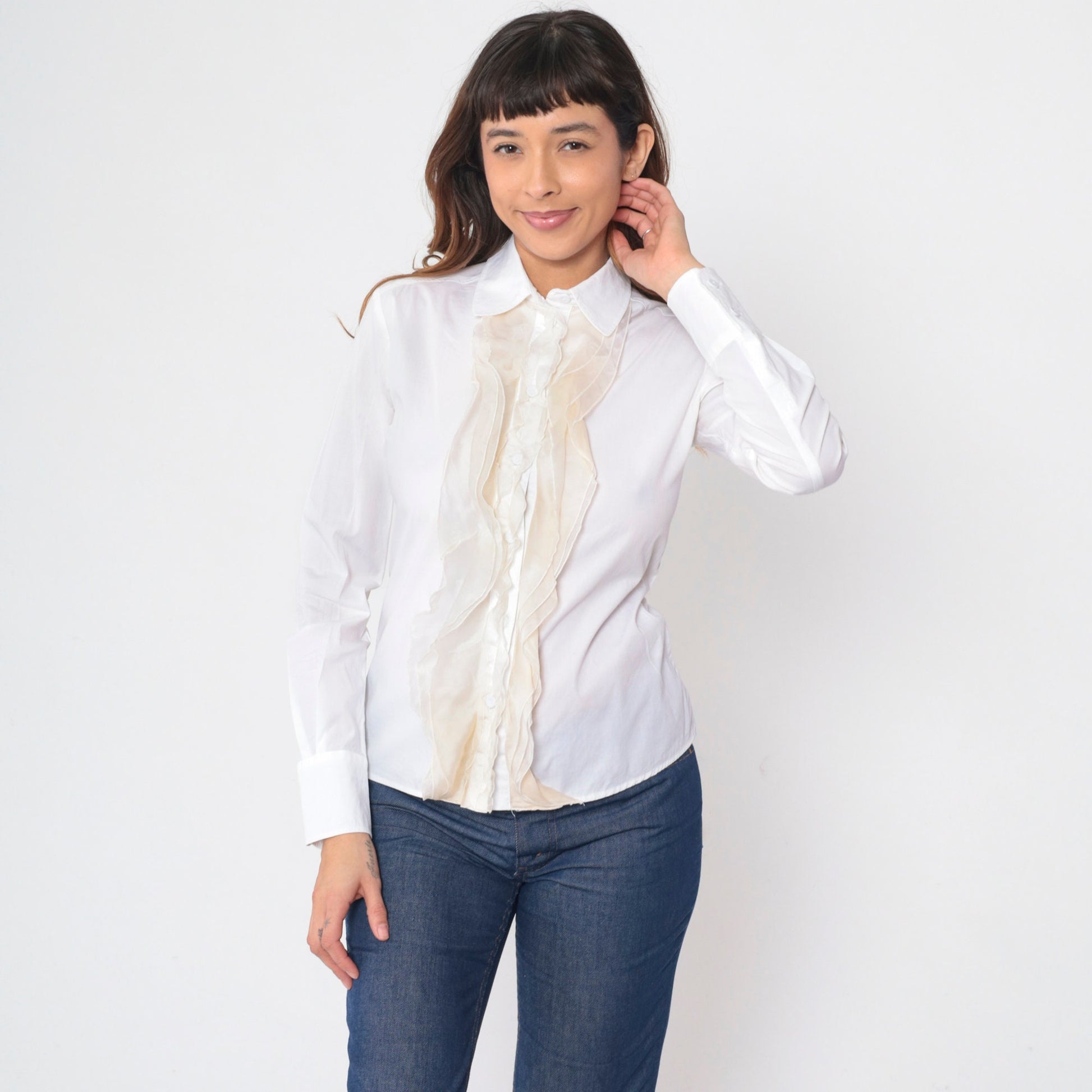 80s Valentino White Ruffled Tuxedo Blouse Long Sleeve Button Up Extra Small