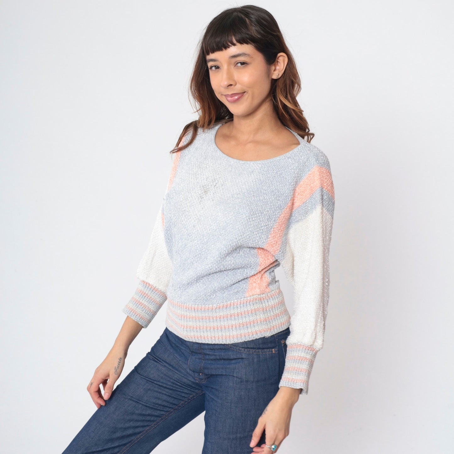 70s Dolman Sleeve Knit Sweater Grey Orange White Striped Colorblock Small