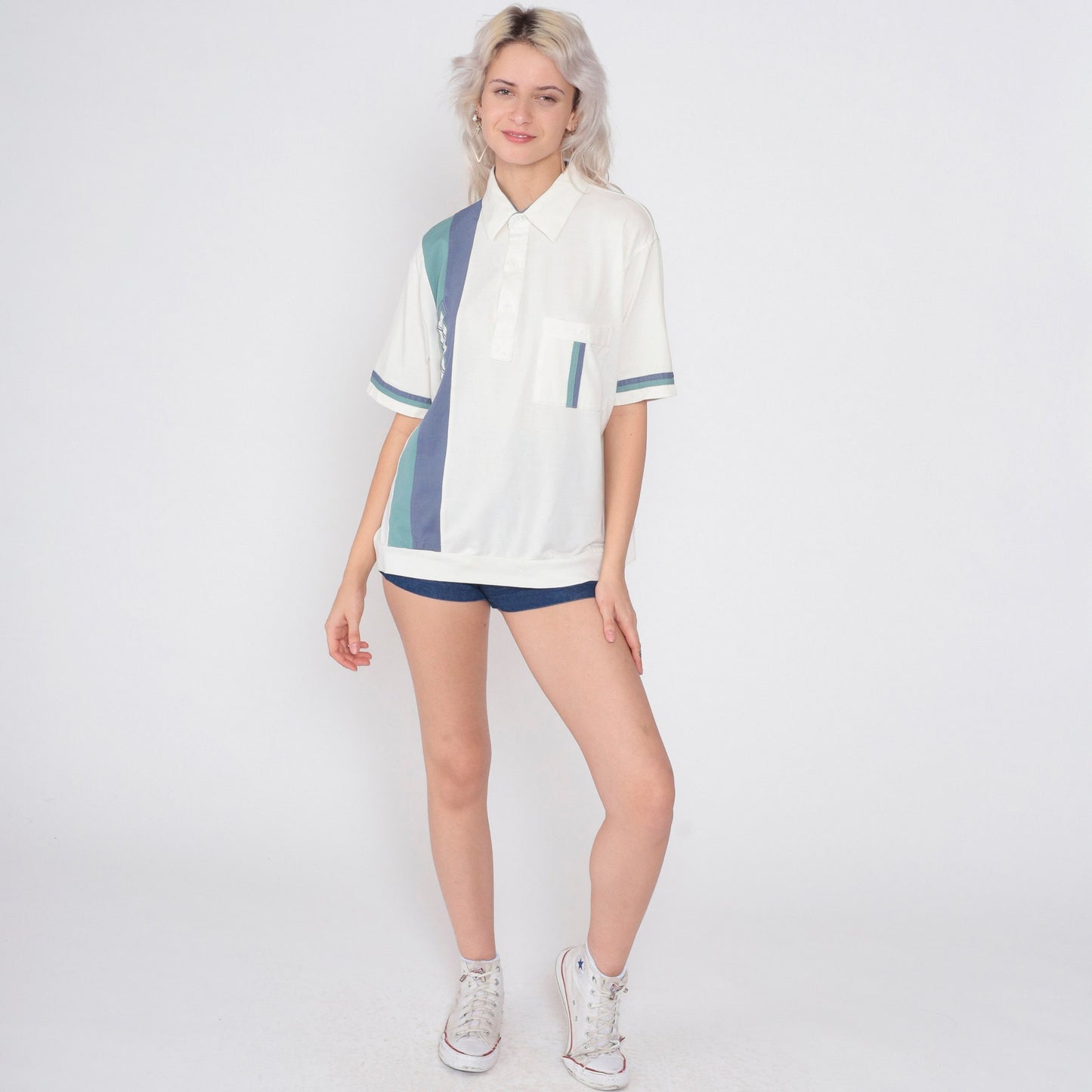 90s Haband Polo Shirt White Striped Embroidered Diamond Blue Green Men's Large