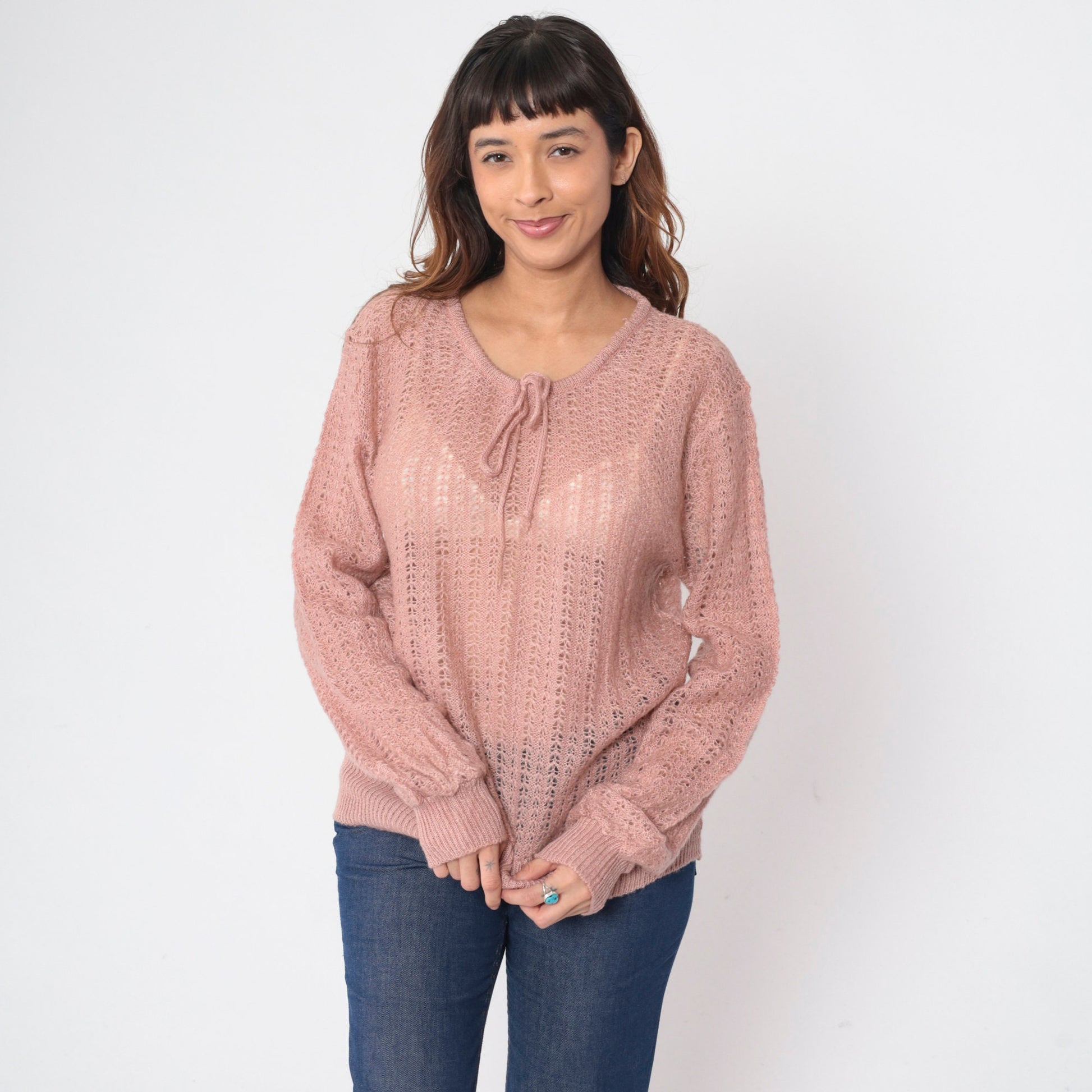 70s Dusty Pink Pointelle Knit Sweater Cutout Bow Tie Pullover Medium M