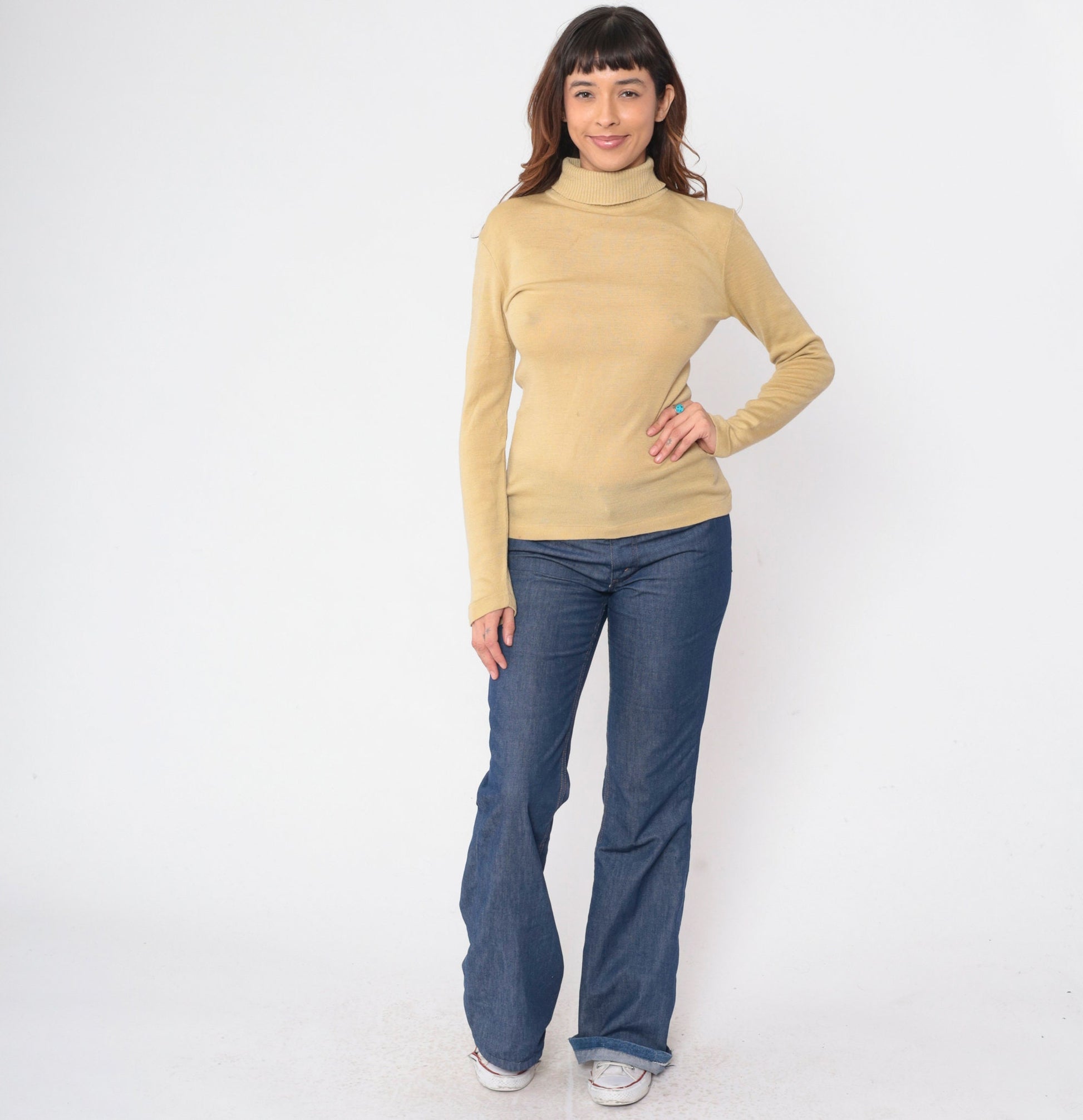 70s Jantzen Wool Blend Turtleneck Sweater Beige Long Sleeve Medium