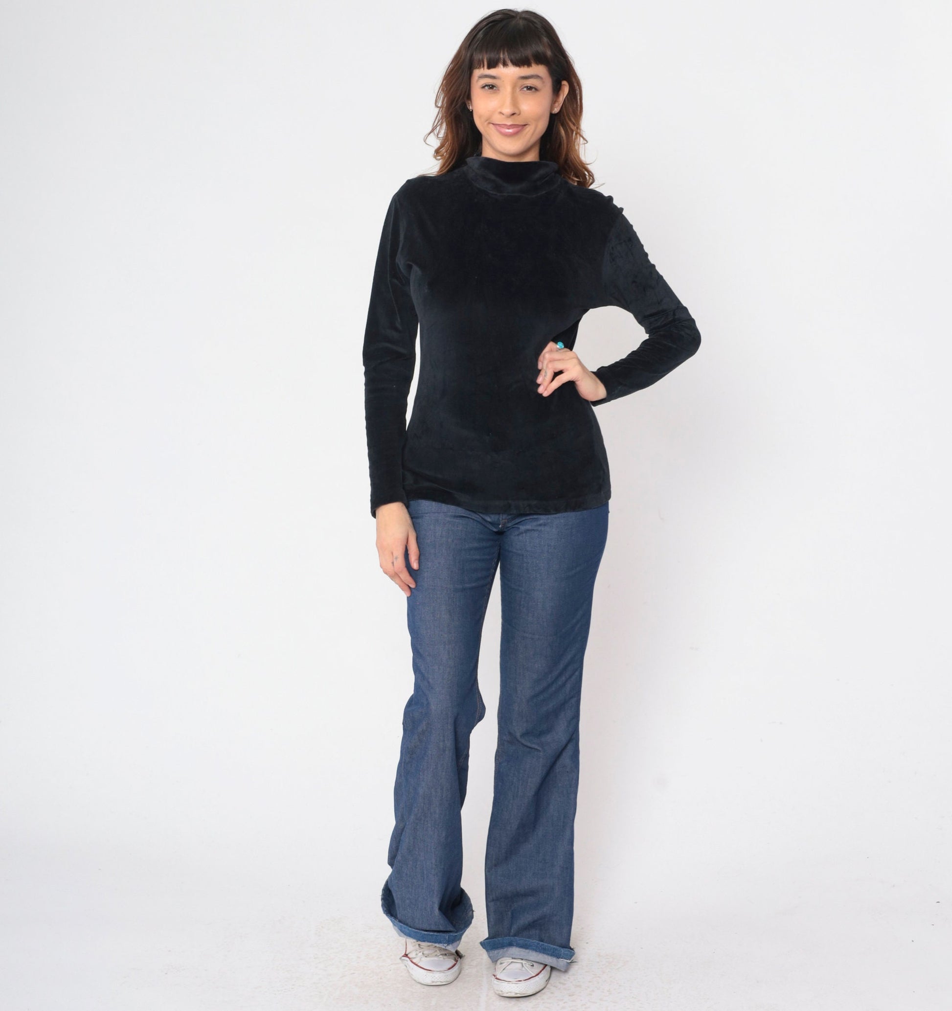 90s Black Velvet Turtleneck Blouse Long Sleeve Small S
