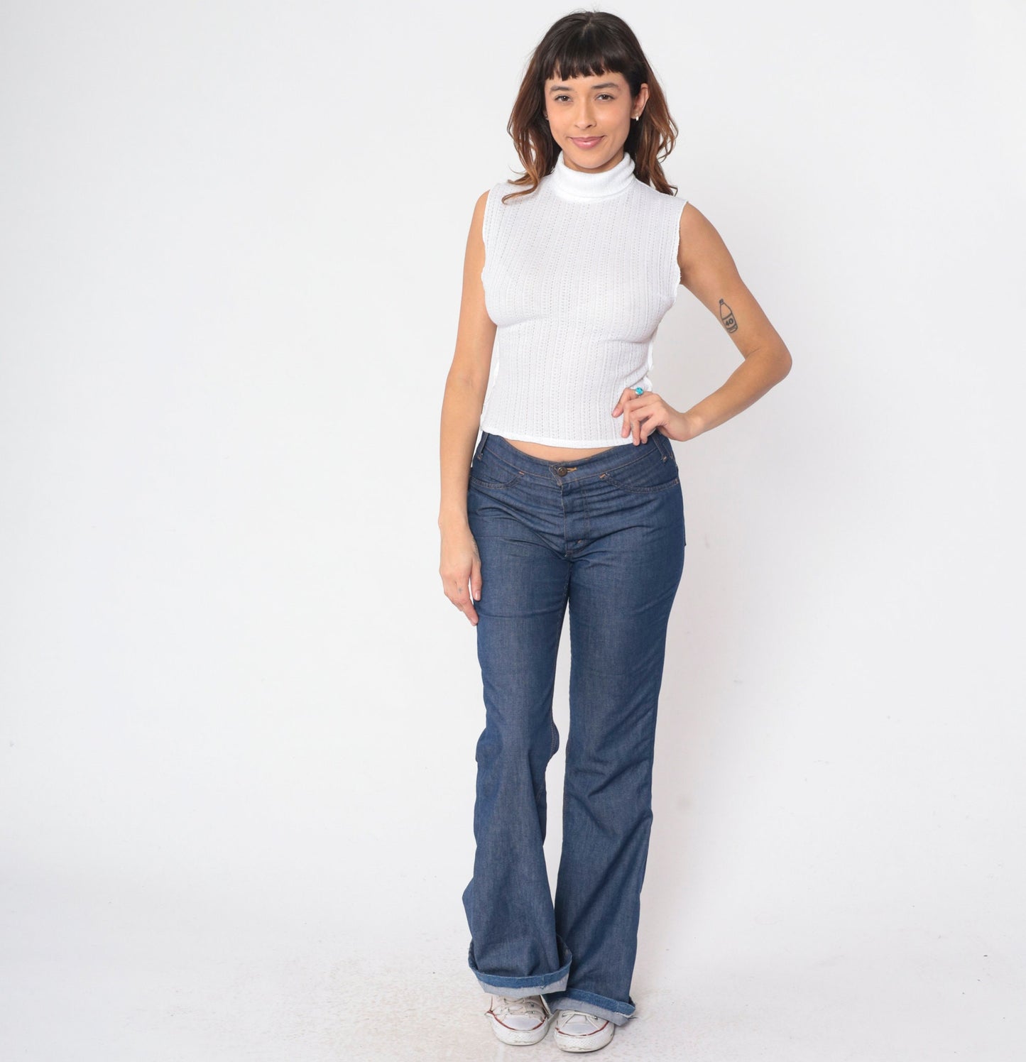 70s White Mock Neck Crop Tank Top Pointelle Cutout Sleeveless Small