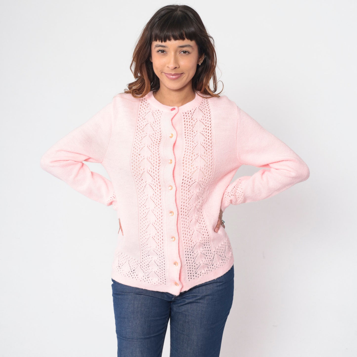 70s Baby Pink Pointelle Cardigan Button-Up Knit Sweater Small S