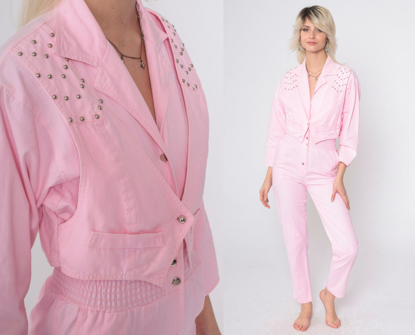 80s Baby Pink Cotton Jumpsuit Studded Vest Long Sleeve Smocked Waist XXS