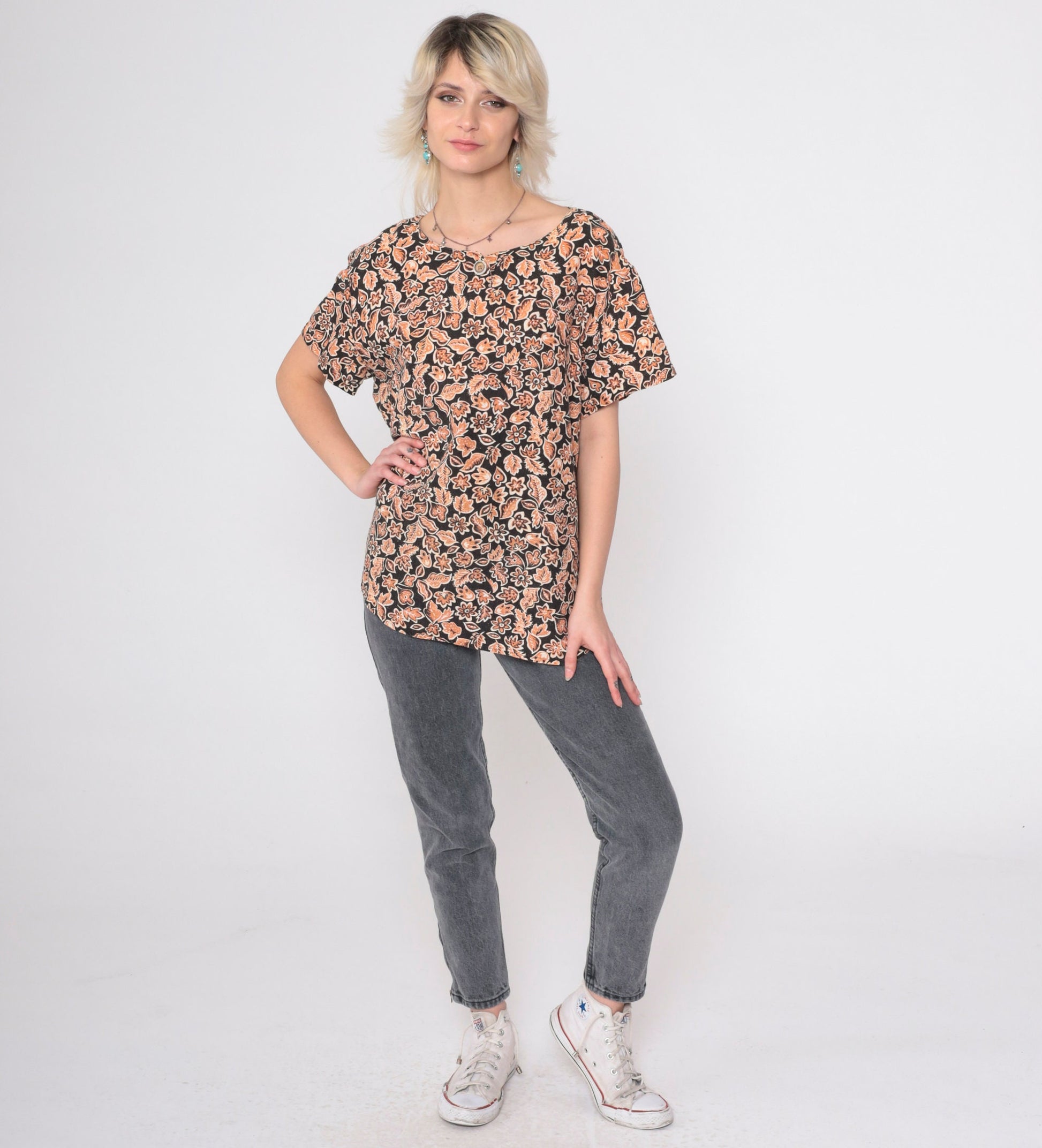 90s Black Orange Floral Henley Shirt Short Sleeve Button Up Large