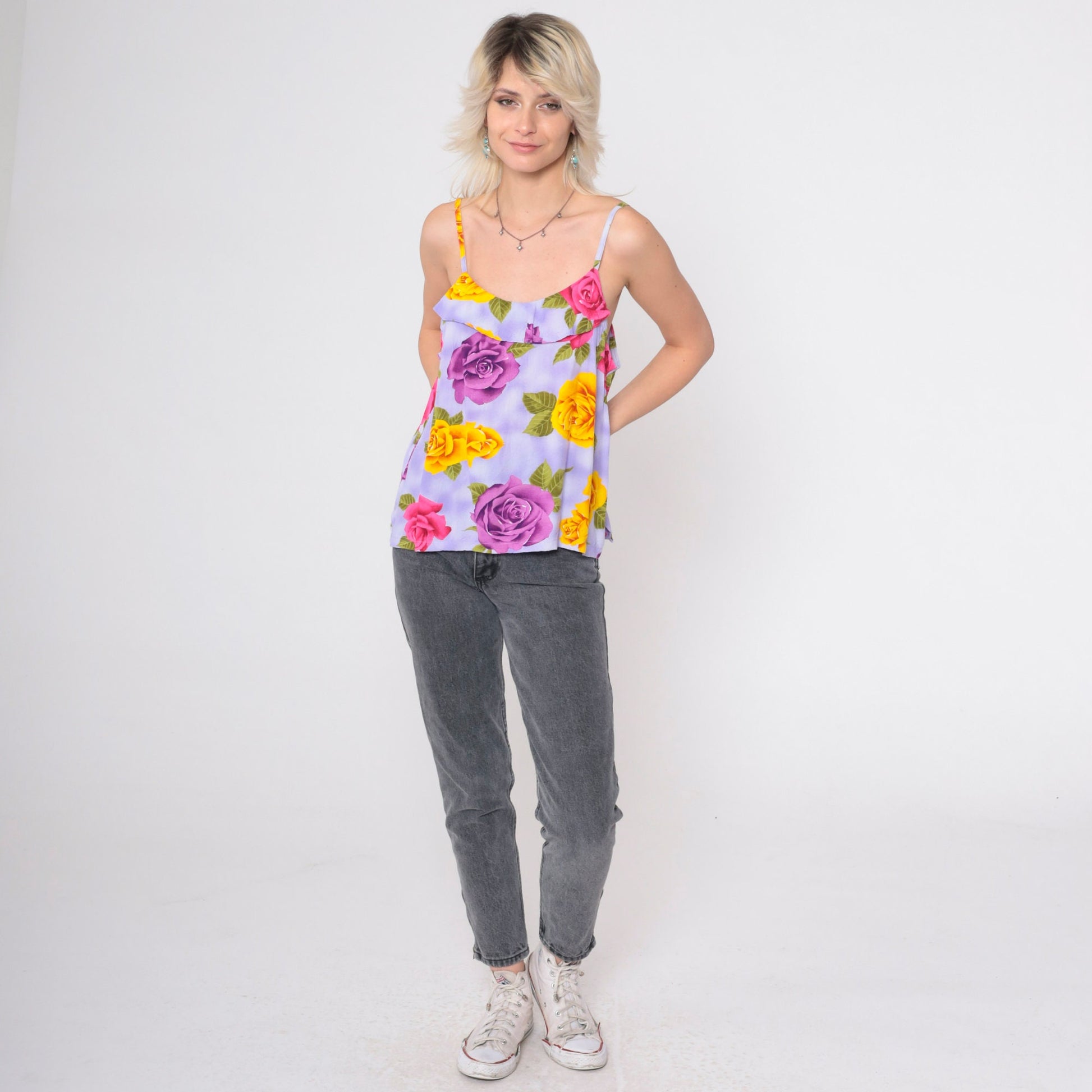 90s Jams World Floral Tank Top Spaghetti Strap Ruffled Cami Small Medium