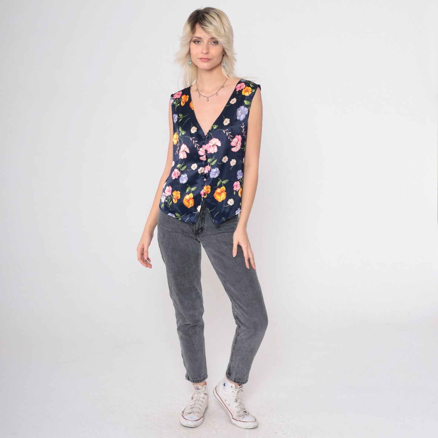 90s Navy Satin Floral Pajama Tank Top V-Neck Button-Up Sleep Shirt Medium
