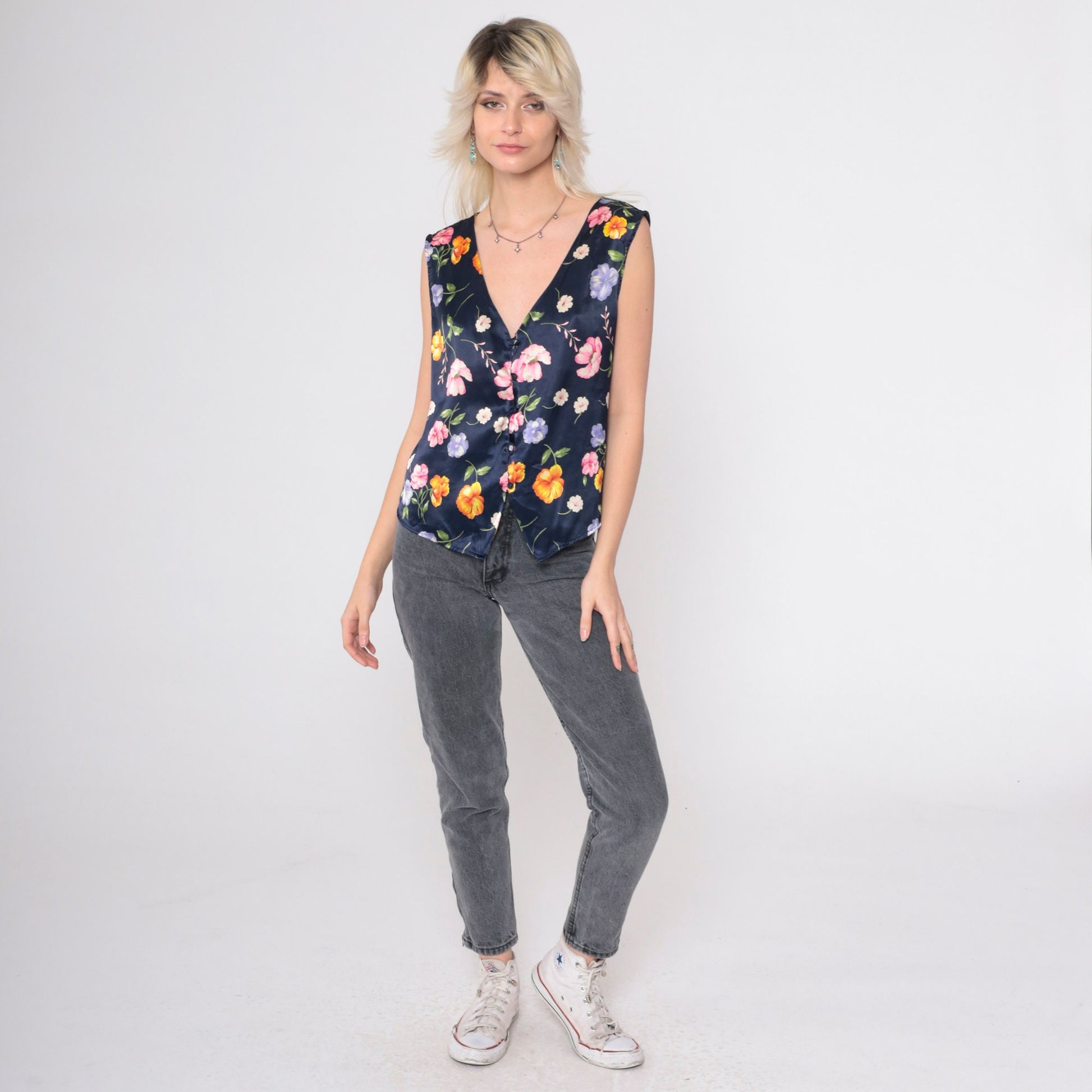 90s Navy Satin Floral Pajama Tank Top V-Neck Button-Up Sleep Shirt Medium