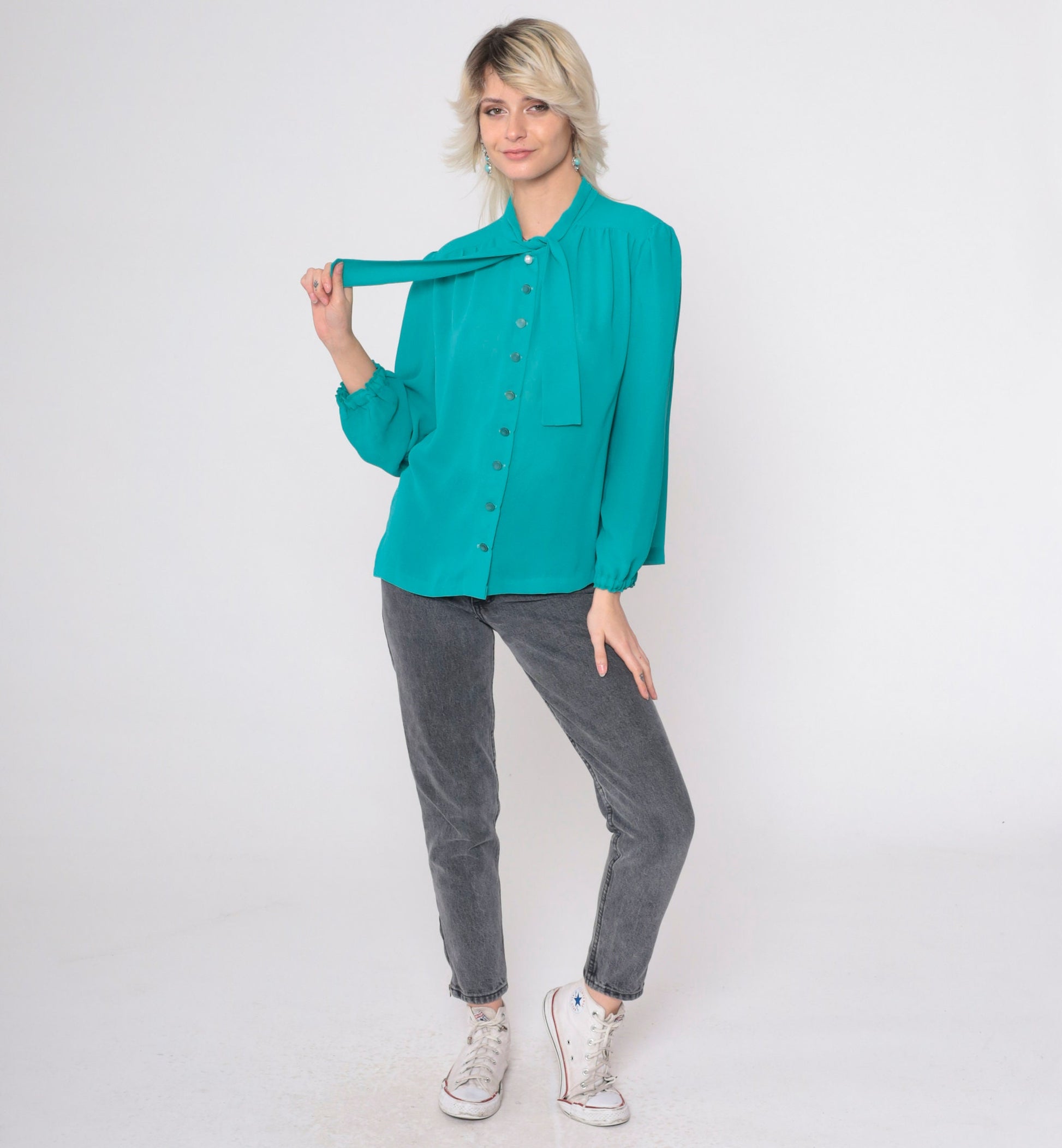 80s Teal Chiffon Blouse Puff Sleeve Ascot Bow Button-Up Large