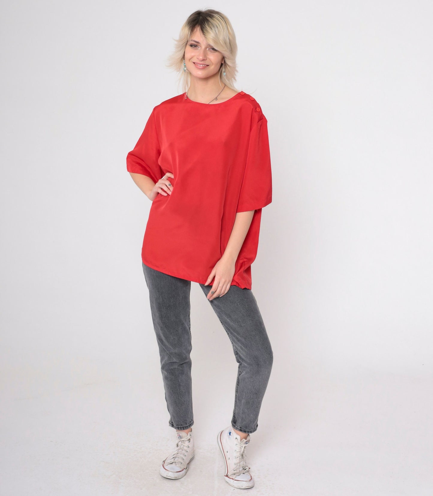 90s Koret Red Silky Blouse Short Sleeve Button Shoulder Plus Size XXL