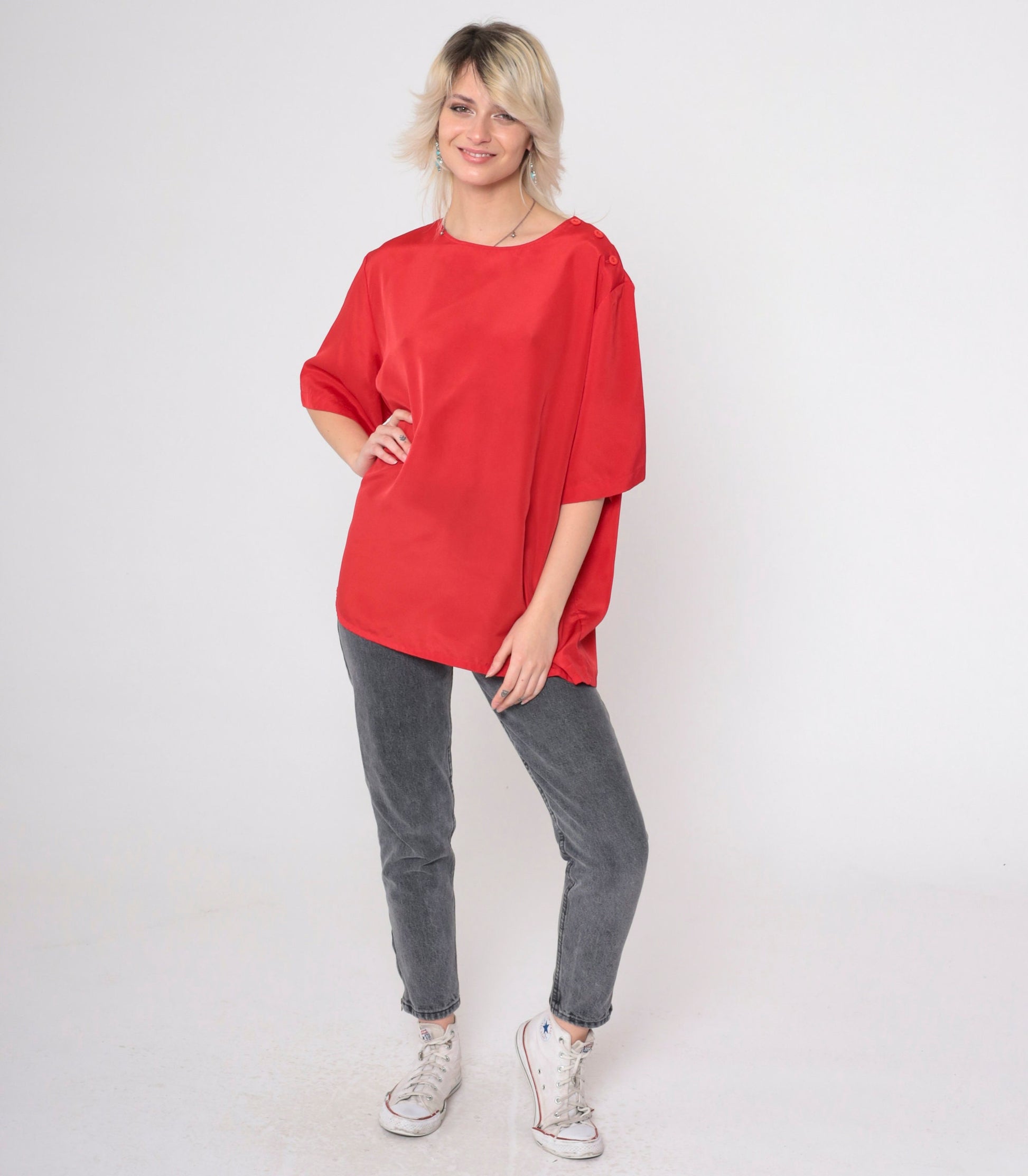 90s Koret Red Silky Blouse Short Sleeve Button Shoulder Plus Size XXL
